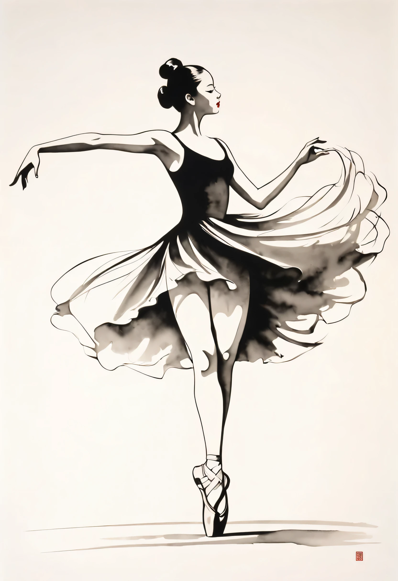 ink painting：Ballet Girl，Outline with black ink，smooth lines，Displays characters&#39; Express expressions and gestures through ink contrast，Simple background，Emphasis on light, shadow and space。