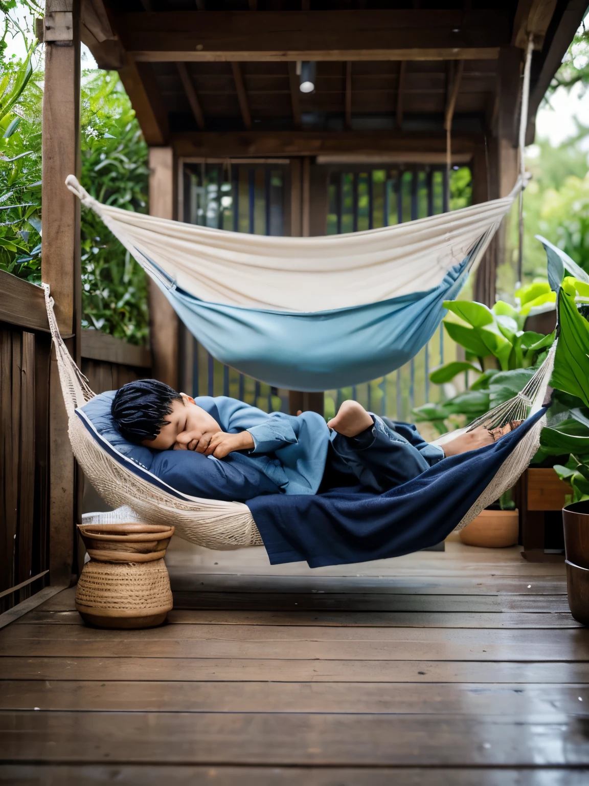 create a realistic image, a cleanface asian man sleeping on a hammock in the stormy day in the houseyard. Heavy rain accompanied by lightning struck all around him. he looks calm and peace even the storm seems terrible. He wears a blanket and pillow. Wet clothes. wide shoot. full body shoot. long shoot. HD image. high quality. wide shoot. full shoot. 4k resolution 