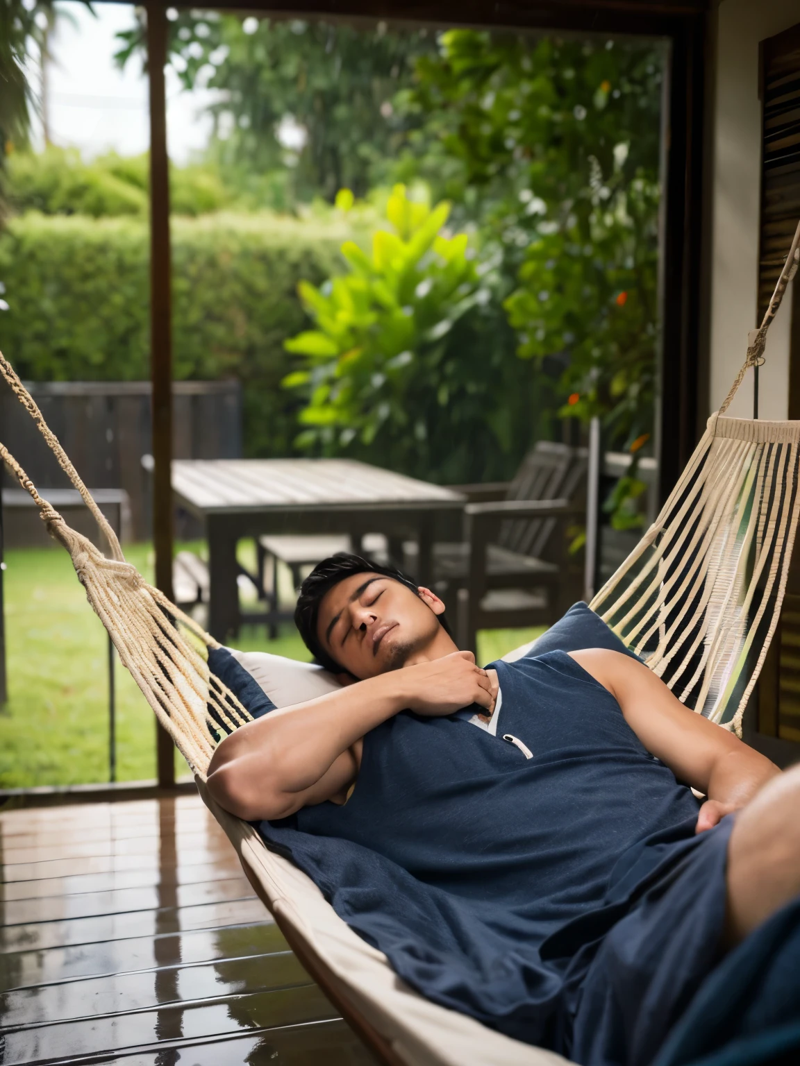 create a realistic image, a cleanface asian man sleeping on a hammock in the stormy day in the houseyard. Heavy rain accompanied by lightning struck all around him. he looks calm and peace even the storm seems terrible. He wears a blanket and pillow. Wet clothes. wide shoot. full body shoot. long shoot. HD image. high quality. wide shoot. full shoot. 4k resolution