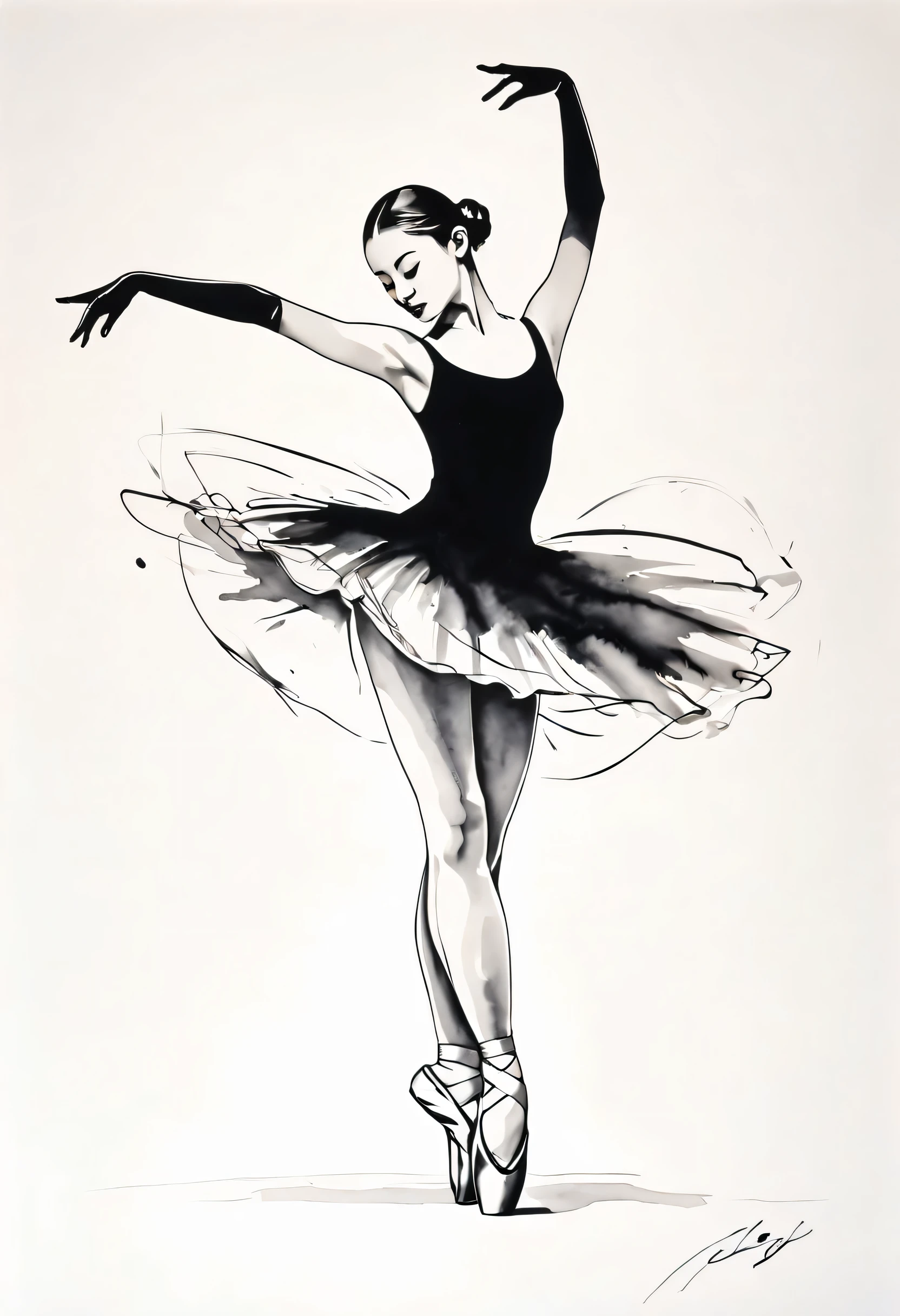 ink painting:Ballet Girl,Outline with black ink,smooth lines,Displays characters' Express expressions and gestures through ink contrast,Simple background,Emphasis on light, shadow and space。