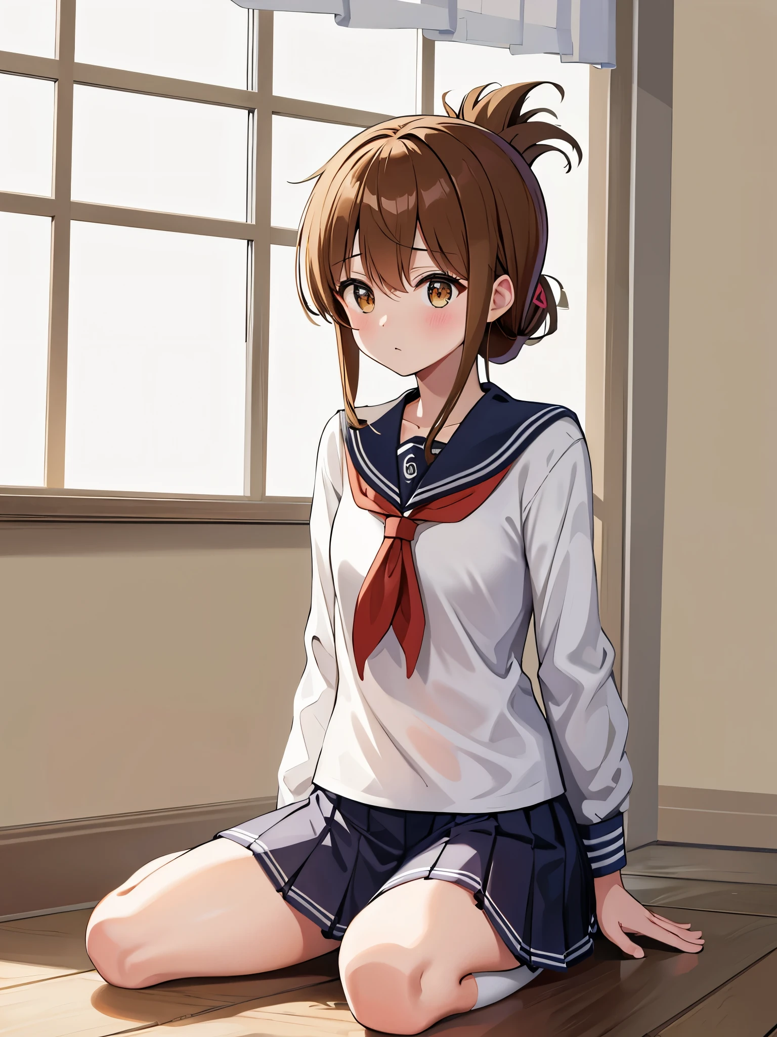 (masterpiece, highest quality:1.2),figure,8K,HD,1 girl,alone,Brown_hair,folded_ponytail,Brown_eye,serafuku,length_hair,School_uniform,skirt,pleats_skirt,セーラー服を着た体調の悪い女子高生がSchoolの体育館の床に座り、holding one's knees