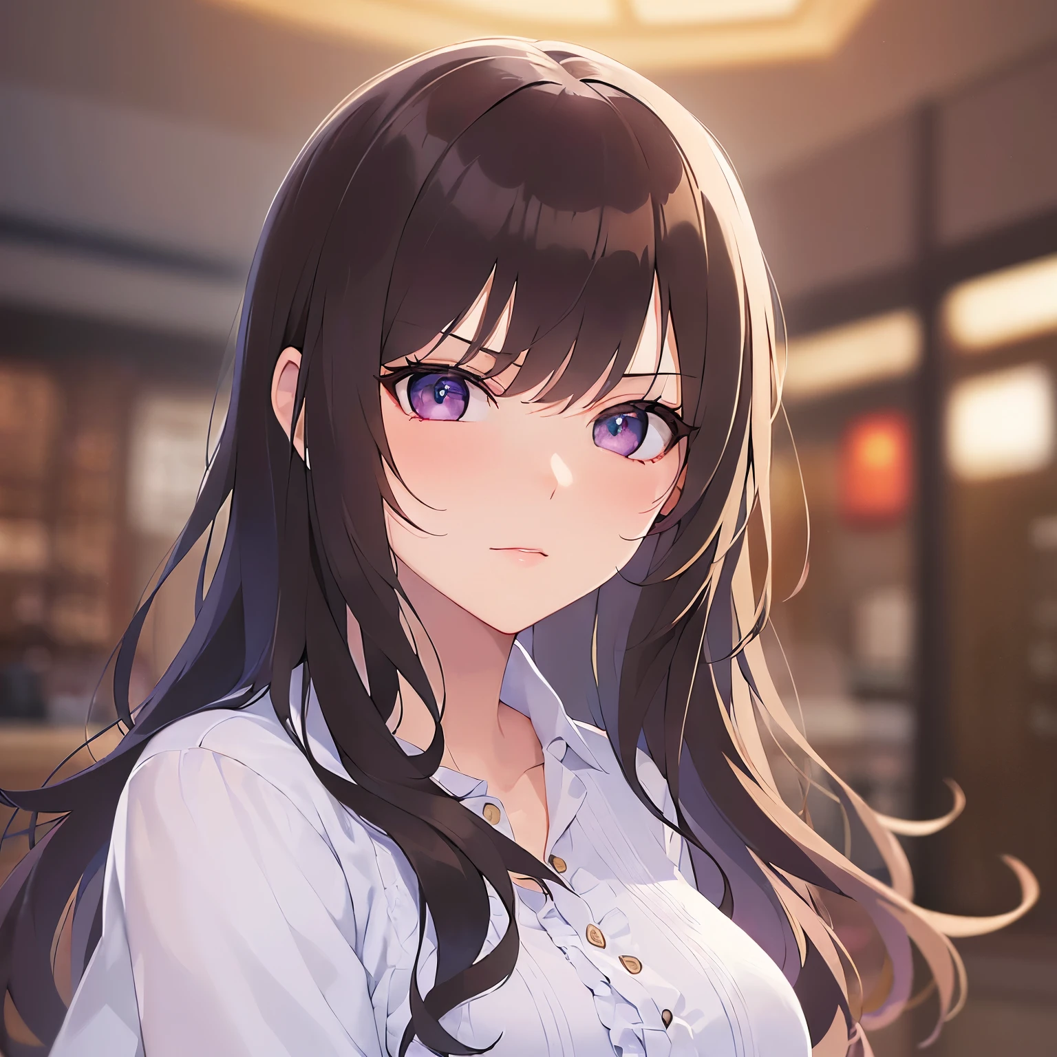 (leaning forward:1.5), real person, RAW photo, photorealistic, portrait photography, shiny skin, japanese idol、A 25-year-old woman with bright chestnut bangs.、long wavy hair, pink eyes, (wearing a white frilly blouse:1.5), (glaring:1.3), The background is a restaurant、Alone