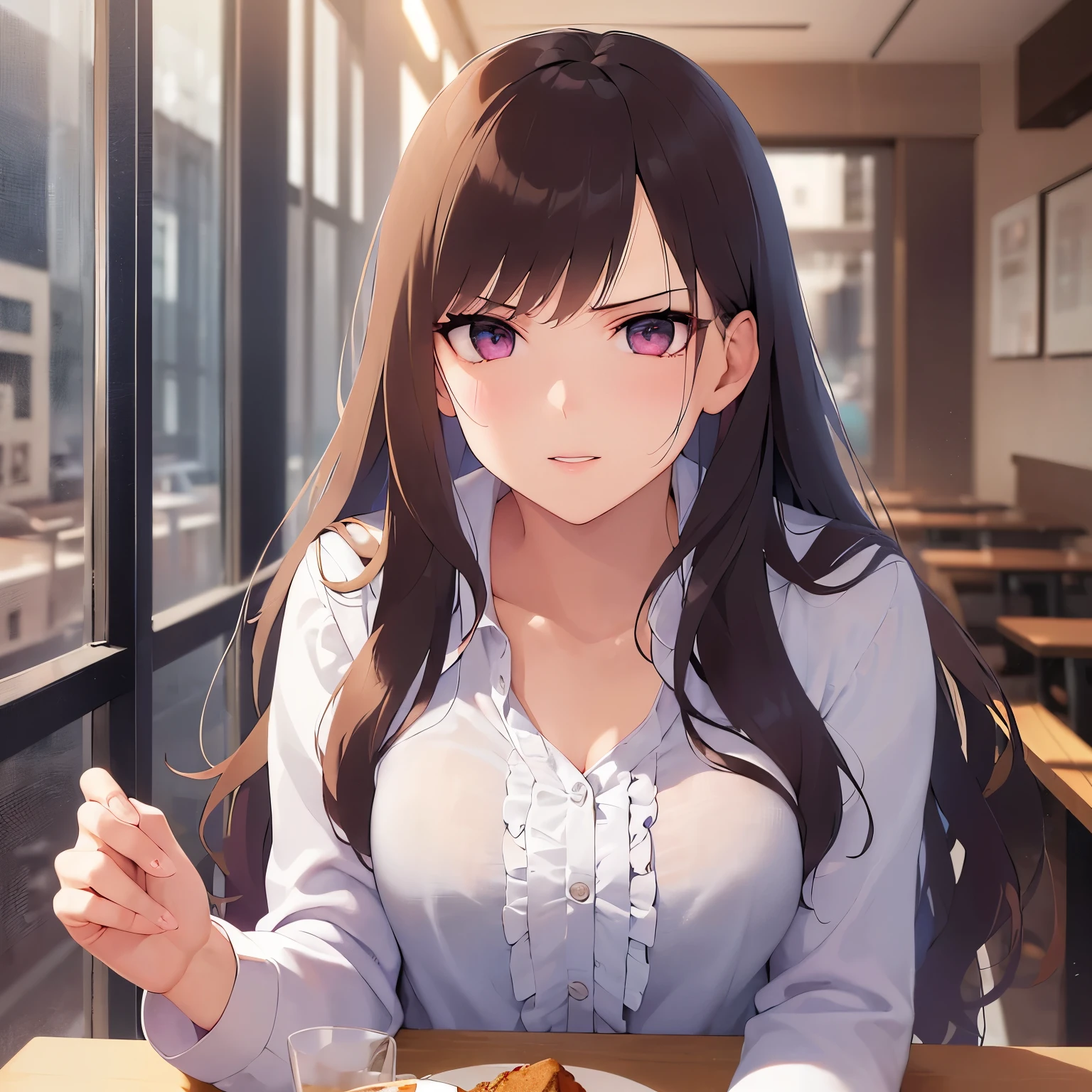 (leaning forward:1.5), Placing a hand on the table, real person, RAW photo, photorealistic, portrait photography, shiny skin, japanese idol、A 25-year-old woman with bright chestnut bangs.、long wavy hair, pink eyes, (wearing a white frilly blouse:1.5), (glaring:1.3), The background is a restaurant、Alone
