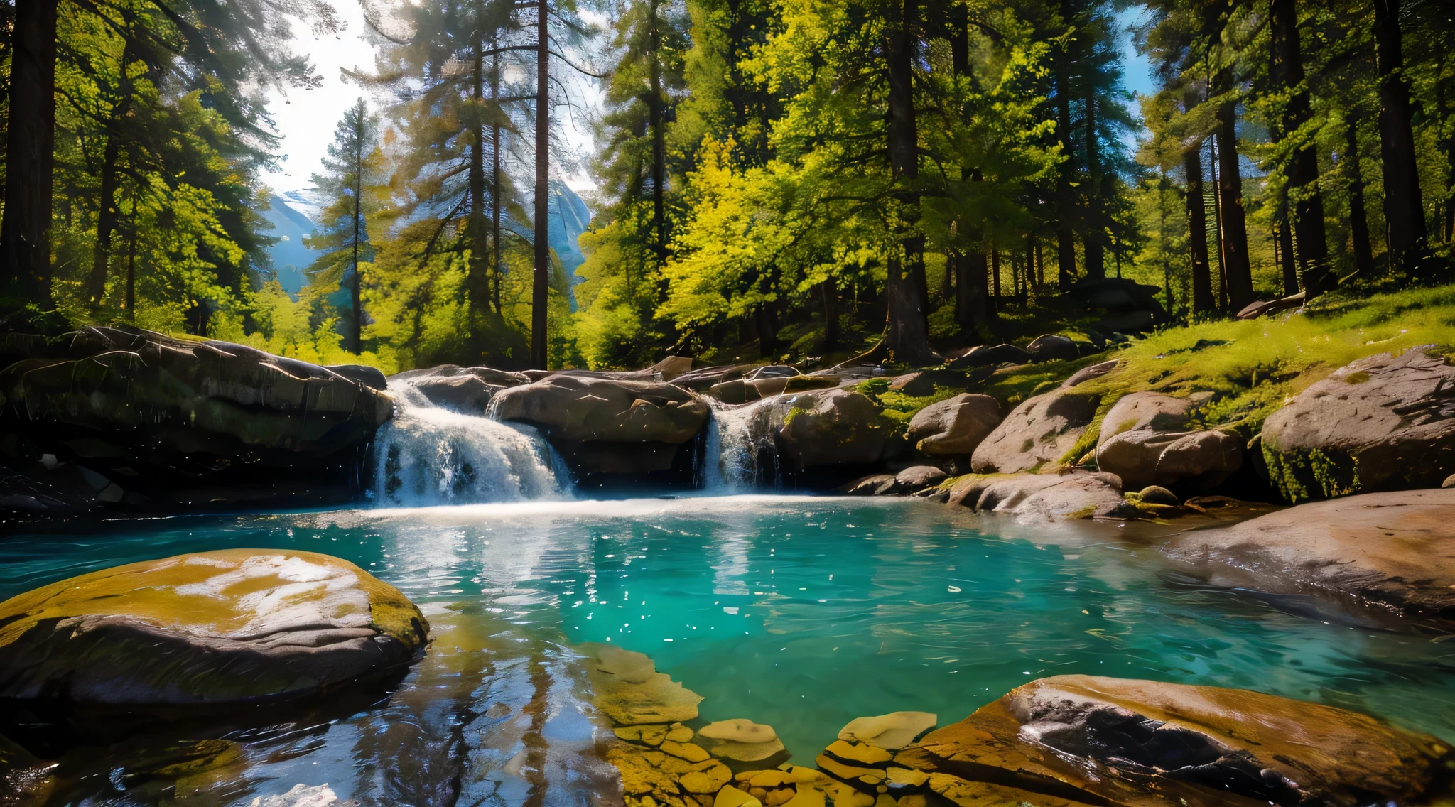 landscape with mountains in the background, large inscription at the top "secret forest", fabulously clear and crystalline water in the foreground, you can see stones submerged in the water, beautiful spring view, delicate light shining through the branches of nearby trees, roots of old spruces sticking out of the water, focal length 150mm, aperture f/1.8, bokeh effect, hyperrealistic, detailed