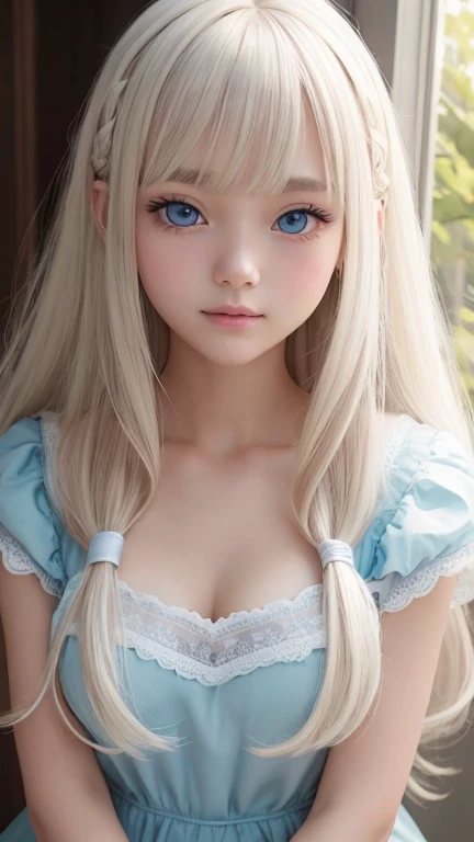 bright look、photorealism、highest quality、Super high resolution、picture、Photo of an exquisitely beautiful Scandinavian girl、extraordinary beautiful girl、cute and beautiful face details、(Pueros face_v1:0.008)、beautiful bangs、alice in wonderland、18-year-old、Shining white skin、hair run that extends to the face、bangs between the eyes、super long hair、Attractive light and dark platinum blonde super long straight silky hair、thin hair、Charming shining beautiful bright clear light blue big eyes、white apron、yellow dress、eyeliner、double eyelid、rich bust