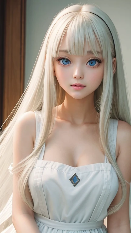 bright look、photorealism、highest quality、Super high resolution、picture、Photo of an exquisitely beautiful Scandinavian girl、extraordinary beautiful girl、cute and beautiful face details、(Pueros face_v1:0.008)、beautiful bangs、alice in wonderland、18-year-old、Shining white skin、hair run that extends to the face、bangs between the eyes、super long hair、Attractive light and dark platinum blonde super long straight silky hair、thin hair、Charming shining beautiful bright clear light blue big eyes、white apron、yellow dress、eyeliner、double eyelid、rich bust