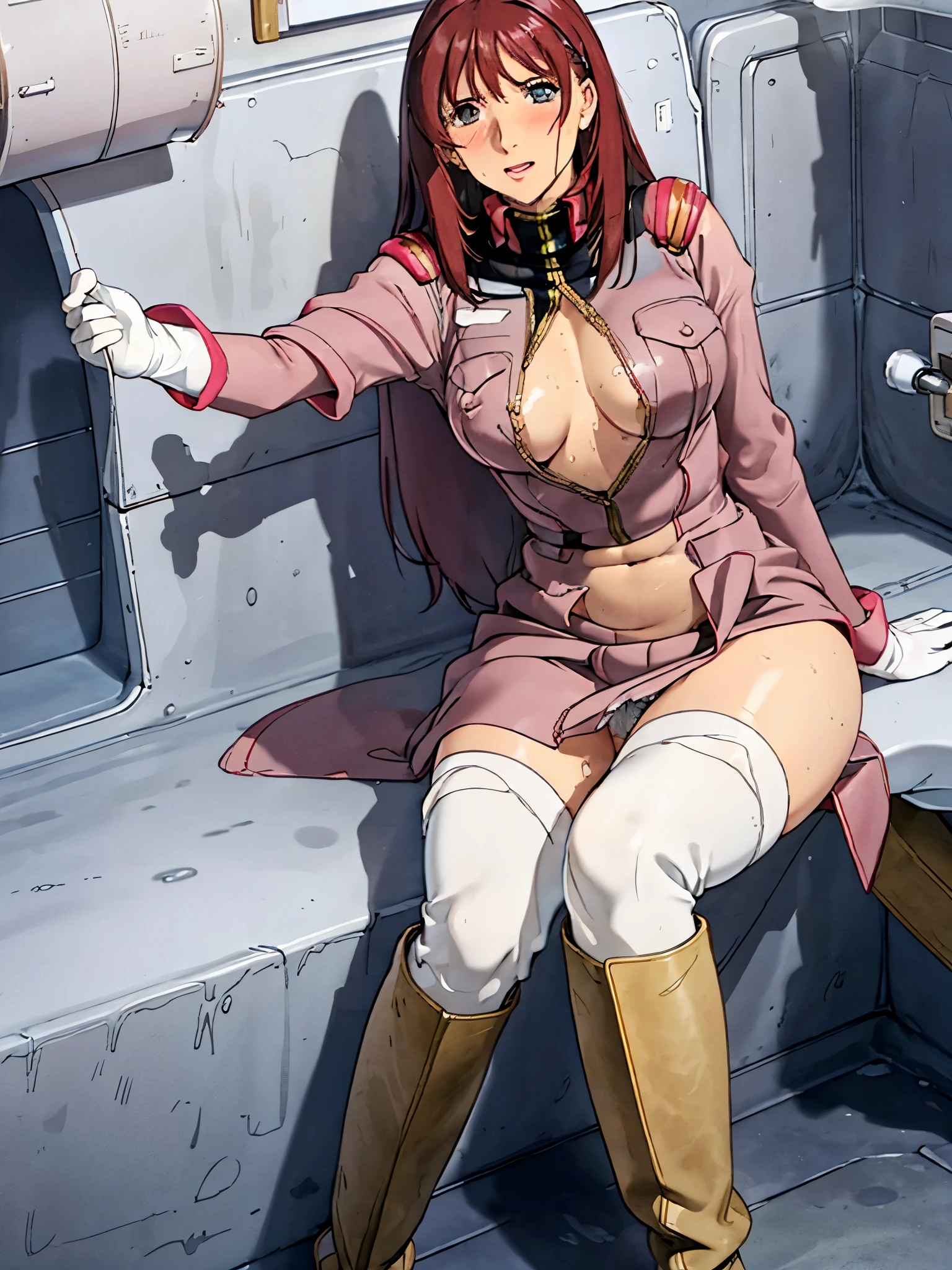 masterpiece, highest quality, High resolution, 8K, high resolution, Super detailed, 1 girl, (anatomically correct), complete limbs, full finger, Enamel pink long boots wrinkled boots Enamel pink mini skirt enamel pink leotard エナメルピンクのゴムgloves Enamel pink clothes gloves gold decoration Costumes with fancy decorations justice Rubber boots expression of embarrassment open mouth Decisive Pose upright cold々Standing ceremony full body picture long boots below the knee bare legs nipple Pee full of sweat soaking wet white water droplets dripping from panties steam no sleeves Clothes that show the lines of the body soaking wetの服 Clothes get wet and skin shows through full body picture Boots stain with white mucus public toilet Immersion in white mucus pool filled with white mucus, white mucus dripping from above Black pubic hair in the crotch area Male genitalia in the crotch straddling the toilet bowl spread legs