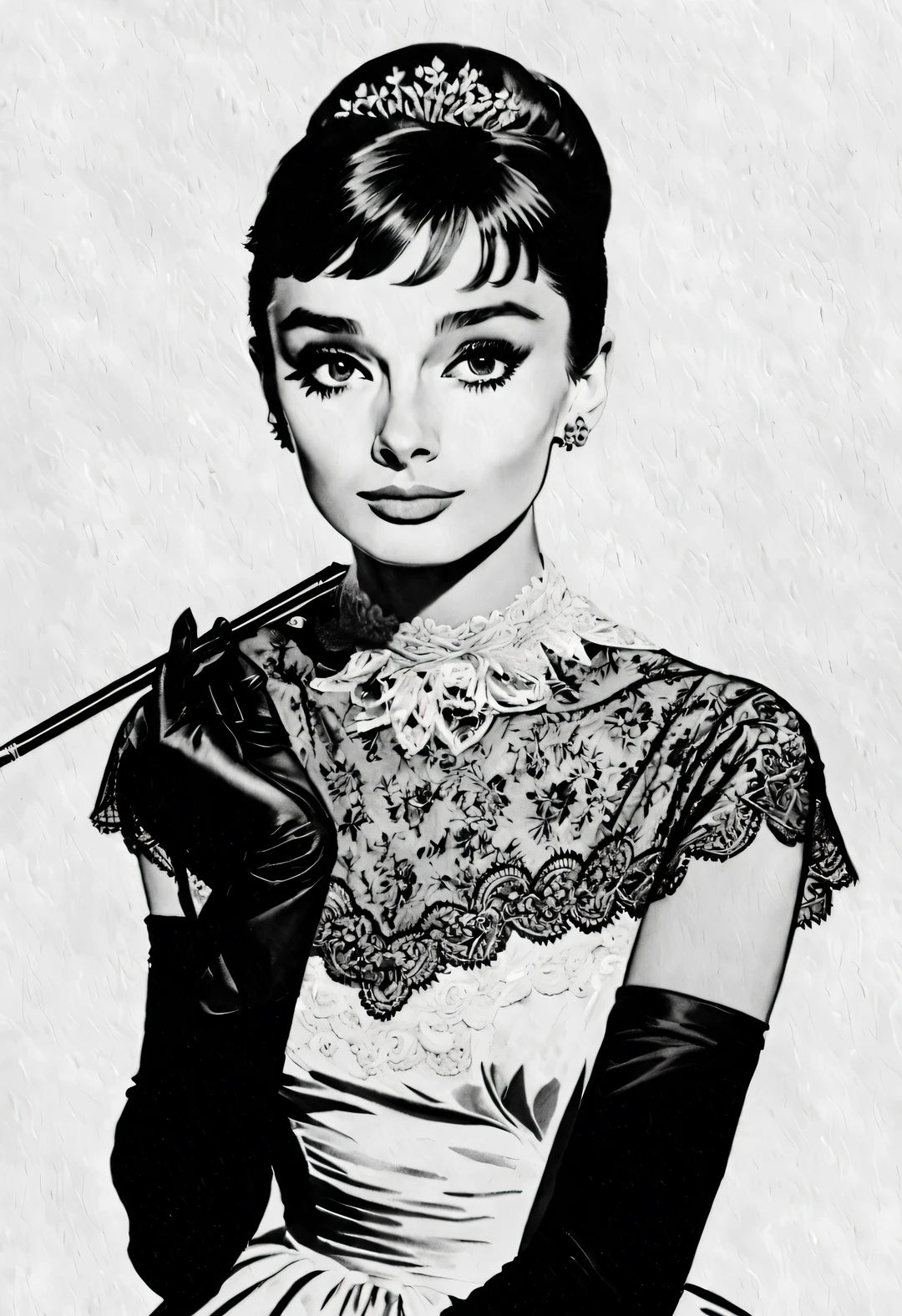 pen and ink art style, ink painting, line art, Ordinary novel, black and white, White background, colorless, HD, ycbcr, 12 bits, Crazy Details and Complexity, Super maximized, elegant, Gorgeous, Surrealism, super detailed
(Audrey Hepburn elegantly looks at the camera), (Wear high-end lace evening gown gloves), with a White background, dramatic contrast, and clear, shiny hair, Emphasis on clear and exceptionally beautiful bright eyes, smooth skin, portrait, beautiful details, Super intricate and refined details, Outline with black ink, smooth lines, And the contrast of ink shades to express the characters&#39; expressions and postures. Simple background, Emphasis on light, shadow and space,