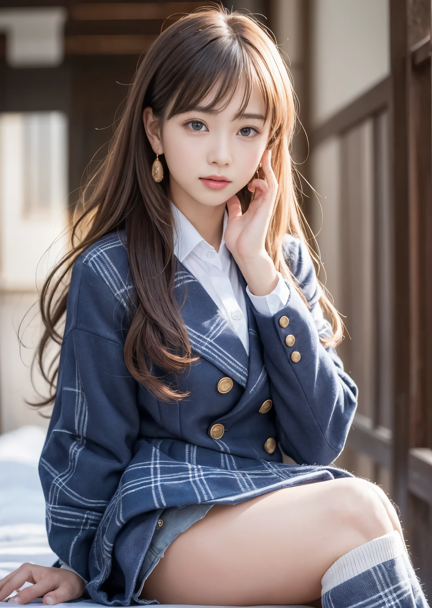 ulzzang-6500-v1.1, navy high socks Majimix Real、(Raw photo:1.2)、(Photoreal:1.4)、beauty in beautiful details and delicate expression、blonde、((I can see my pants))(Crouching panty shots)earrings eyelash beautiful and fine eyes、huge file size、super detailed、High resolution、transcendental beauty highest quality、masterpiece、、(Japanese girls' high school uniform))、very detailed expression small、finely、Highly detailed face movie lighting、23 year old girl、positive、((dynamic pose)))、(Sit straight with your knees bent))、pleated skirt、blazer、sexy upper eyes