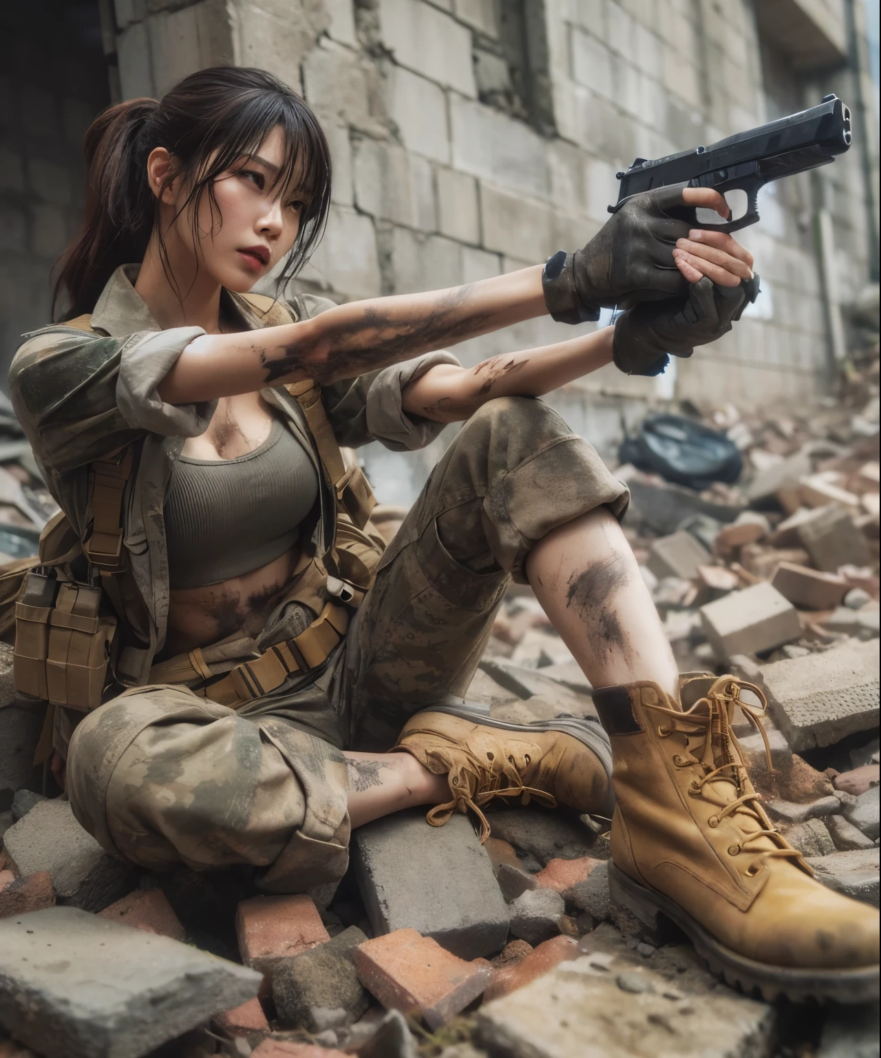 photorealistic、Realistic skin textures、A beautiful Japanese woman belonging to the American military is standing、aiming with a gun、standing position、standing on rubble、Action poses with movement、Image from below、Dirty boots