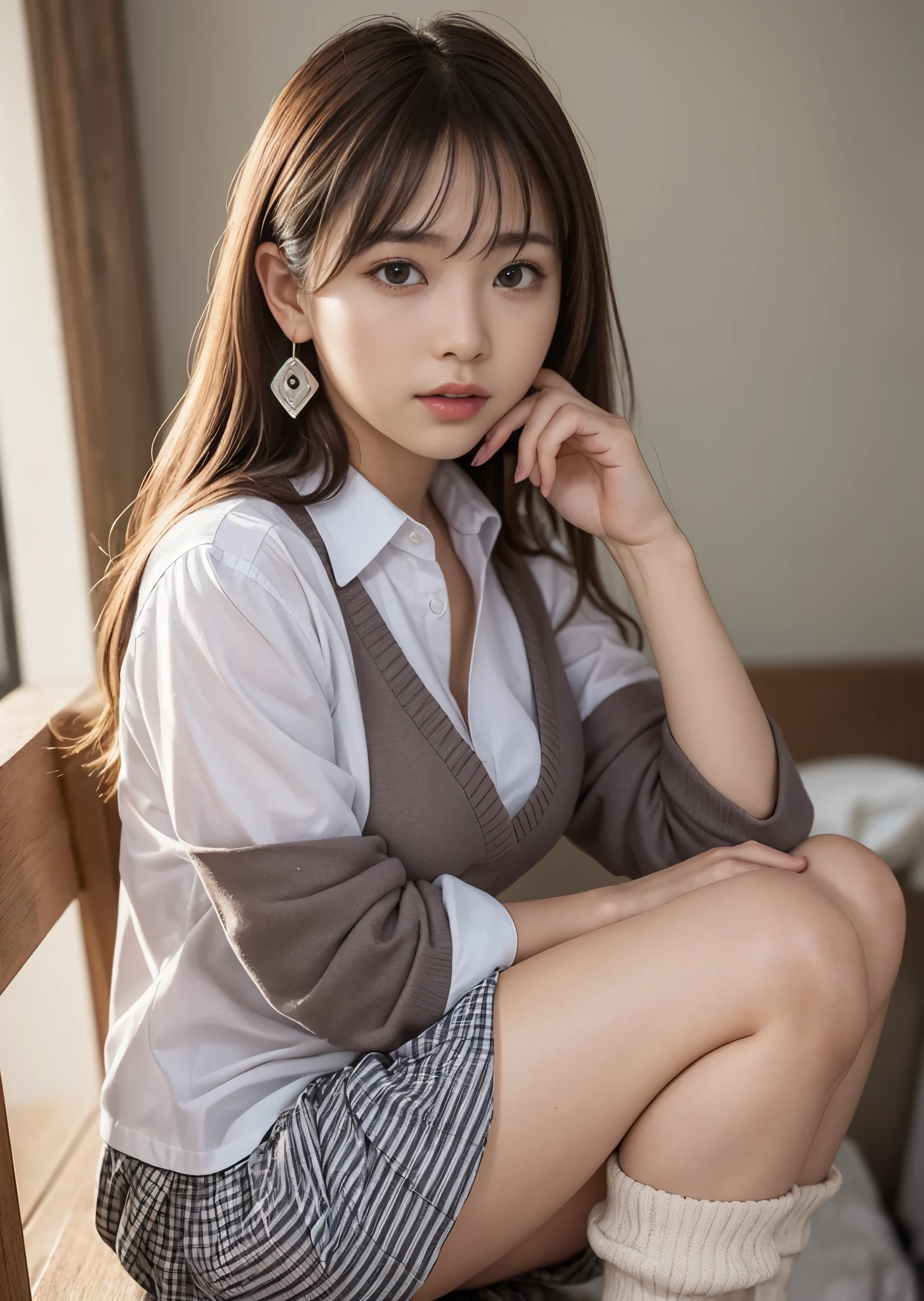 ulzzang-6500-v1.1, navy high socks　Majimix Real、(Raw photo:1.2)、(Photoreal:1.4)、beauty in beautiful details　and delicate expression、blonde、((I can see my pants))(Crouching panty shots)earrings　eyelash　beautiful and fine eyes、huge file size、super detailed、High resolution、transcendental beauty　highest quality、masterpiece、、(Japanese girls&#39; high school uniform))、very detailed expression　 small、finely、Highly detailed face movie lighting、23 year old girl、positive、((dynamic pose)))、(Sit straight with your knees bent))、pleated skirt、blazer、sexy upper eyes