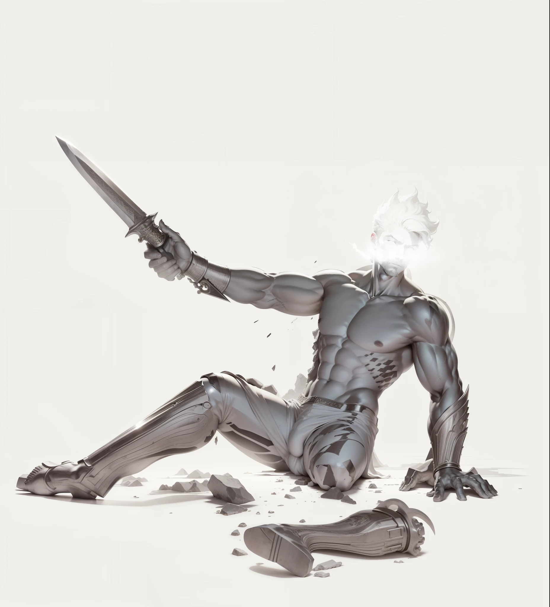 a statue of a person sitting on the ground holding a sword, Stoic Greek statue man with a strong and robust body, resembling the ancient philosopher statue Seneca,statue dramatic wielding sword pose, villain pose, badass pose, fight pose, fighting pose on floor, while holding a sword, holds a sword, pose study, scary pose, threatening pose, with large sword, dramatic action pose, wielding a dagger, scary angry pose , A realistic Greek white marble statue of Hercules , fundo neutro, Moody, , fotorrealista, super detalhada, hiper realista, luzes brilhantes, 8 K,((bara:1.5)), sport body, sexy, spread legs, detailed marble face, detailed marble hands, detailed marble legs, detailed marble fingers, detailed marble hair, detailed marble eyes, detailed marble statue, dynamic lighting, (detailed lighting:1.2), (detailed textures:1.3), (realistic lighting:1.2), (Masterpiece, best quality: 1.2), (Super detailed), (Illustration, nsfw, bare chest, flat chest, bare shoulders, small bulge, wide angle, athletic body, male, marble skin texture, perfect marble statue eyes, messy marble statue hair, marble leg, amputee statue, leg amputee, leg marble statue on ground