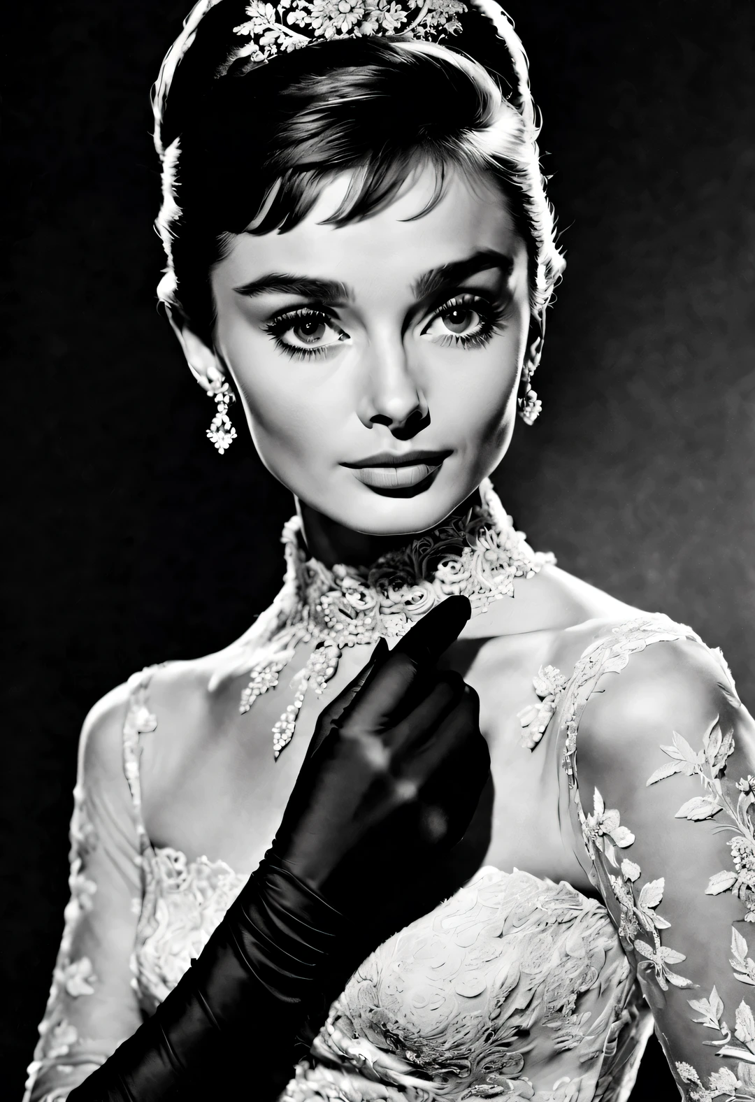 black and white tones，pen and ink art style, ink painting, line art, Ordinary novel, black and white, White background, colorless, HD, ycbcr, 12 bits, Crazy Details and Complexity, Super maximized, elegant, Gorgeous, Surrealism, super detailed
(Audrey Hepburn elegantly looks at the camera), (Wear high-end lace evening gown gloves), with a White background, dramatic contrast, and clear, shiny hair, Emphasis on clear and exceptionally beautiful bright eyes, smooth skin, portrait, beautiful details, Super intricate and refined details, Outline with black ink, smooth lines, And the contrast of ink shades to express the characters&#39; expressions and postures. Simple background, Emphasis on light, shadow and space,