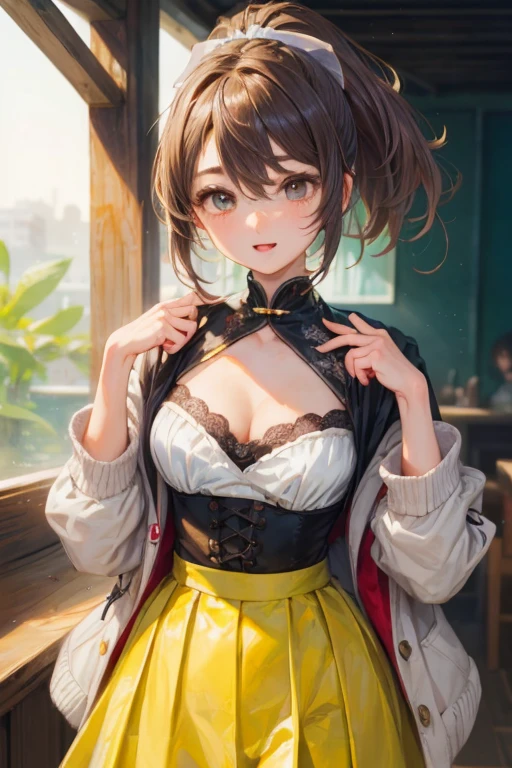 Laughter、smile、night、born、(((ultimate beauty portrait)))、((glowing skin))、1 girl、15 year old beautiful girl from Prague、bright look、((brown hair))、(cleavage)、(flare skirt:1.5)、((Big eyes that shine like jewels))、open cardigan、open your clothes、pantyhose、Glossy and glossy skin、(medium hair)、(silky ponytail hair)、( Are standing)、(from below)、under the skirt、(from below下着の接写)、eyeliner、beautiful bangs、hair between eyes、((masterpiece、最high quality、super detailed、film light、intricate details、High resolution、very detailed))、detailed background、8KUHD、Digital single-lens reflex camera、soft light、high quality、film grain、Film XT3 、shallow depth of field、natural soft light、Kamimei、rich bust、