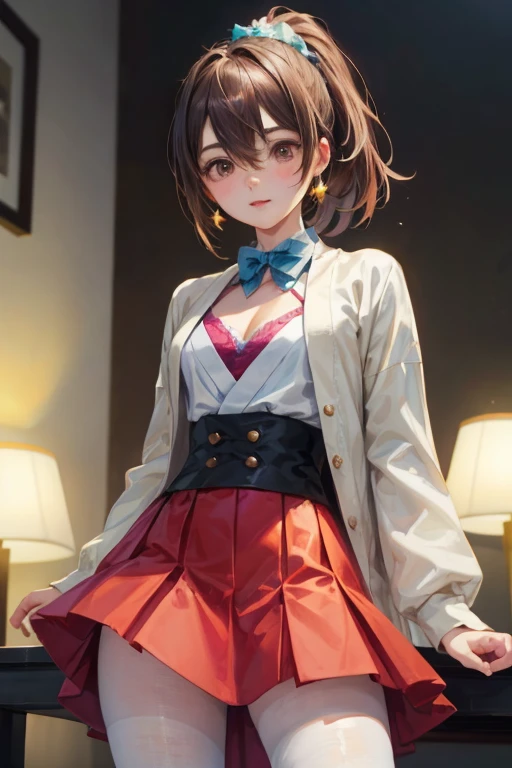 Laughter、smile、night、born、(((ultimate beauty portrait)))、((glowing skin))、1 girl、15 year old beautiful girl from Prague、bright look、((brown hair))、(cleavage)、(flare skirt:1.5)、((Big eyes that shine like jewels))、open cardigan、open your clothes、pantyhose、Glossy and glossy skin、(medium hair)、(silky ponytail hair)、( Are standing)、(from below)、under the skirt、(from below下着の接写)、eyeliner、beautiful bangs、hair between eyes、((masterpiece、最high quality、super detailed、film light、intricate details、High resolution、very detailed))、detailed background、8KUHD、Digital single-lens reflex camera、soft light、high quality、film grain、Film XT3 、shallow depth of field、natural soft light、Kamimei、rich bust、