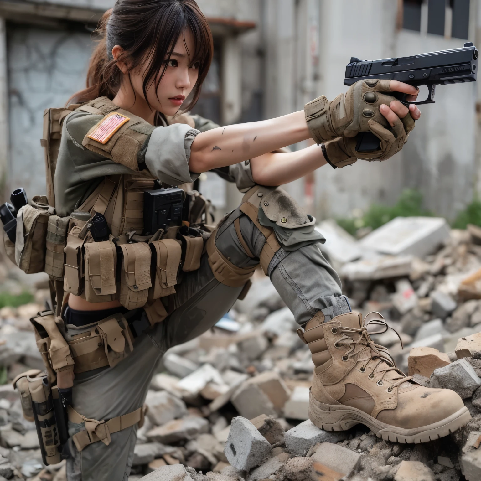 photorealistic、Realistic skin textures、A beautiful Japanese woman belonging to the American military is standing、aiming with a gun、standing position、standing on rubble、Action poses with movement、Image from below、Dirty boots