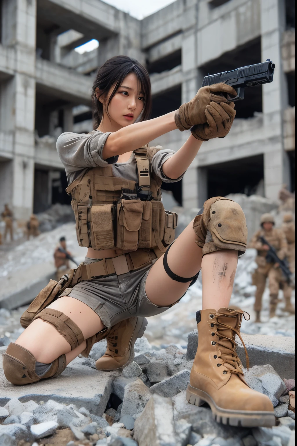 photorealistic、Realistic skin textures、A beautiful Japanese woman belonging to the American military is standing、aiming with a gun、standing position、standing on rubble、Action poses with movement、Image from below、Dirty boots