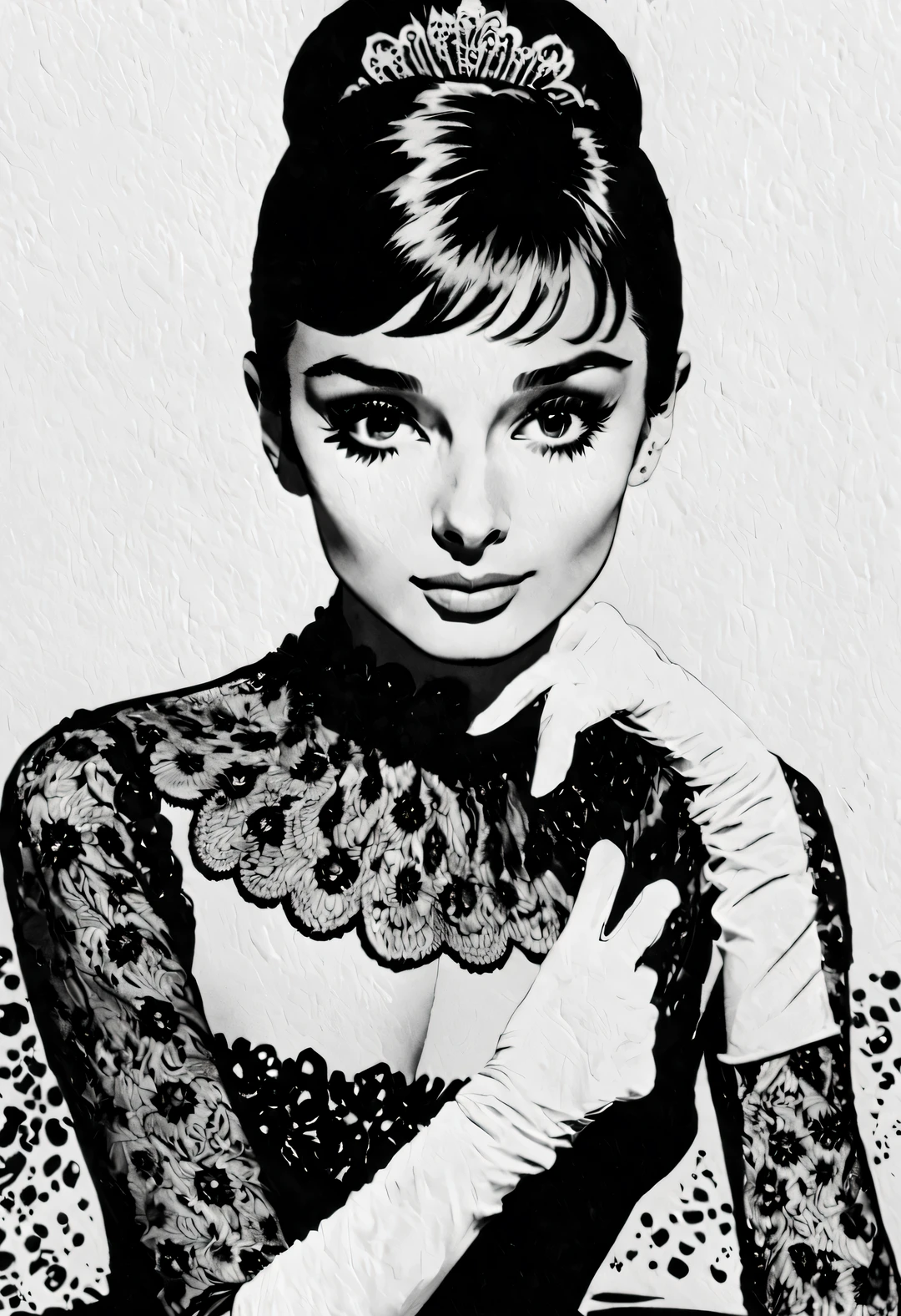 pen and ink art style, ink painting艺术风格, Beautiful detailed, ink painting, line art, black and white, White background, have no color, HD, Crazy details, Super please, elegant, Gorgeous, Surrealism, super detailed,
(Audrey Hepburn elegantly looks at the camera), (Wearing a high-end lace evening dress，wearing white gloves), with a White background, dramatic contrast, and clear, shiny hair, Emphasis on clear and exceptionally beautiful bright eyes, smooth skin, portrait, beautiful details, Super intricate and refined details, Outline with black ink, smooth lines, Express the characters’ expressions and postures through the contrast of ink shades. Simple background, Emphasis on light, shadow, and a sense of space,