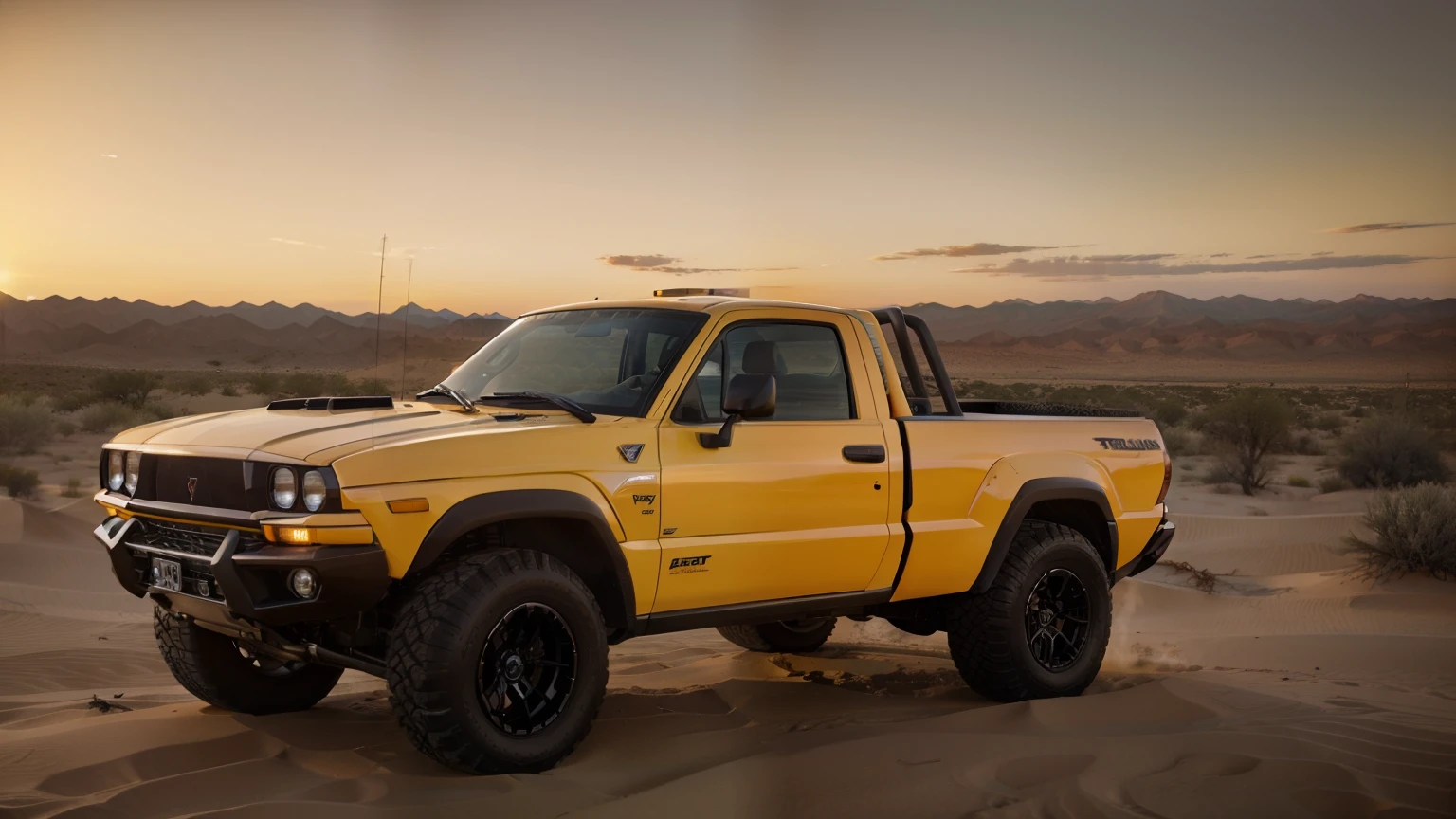 lamborghini pick up truck, desert, sunset, peaceful atmosphere, vibrant, colorful