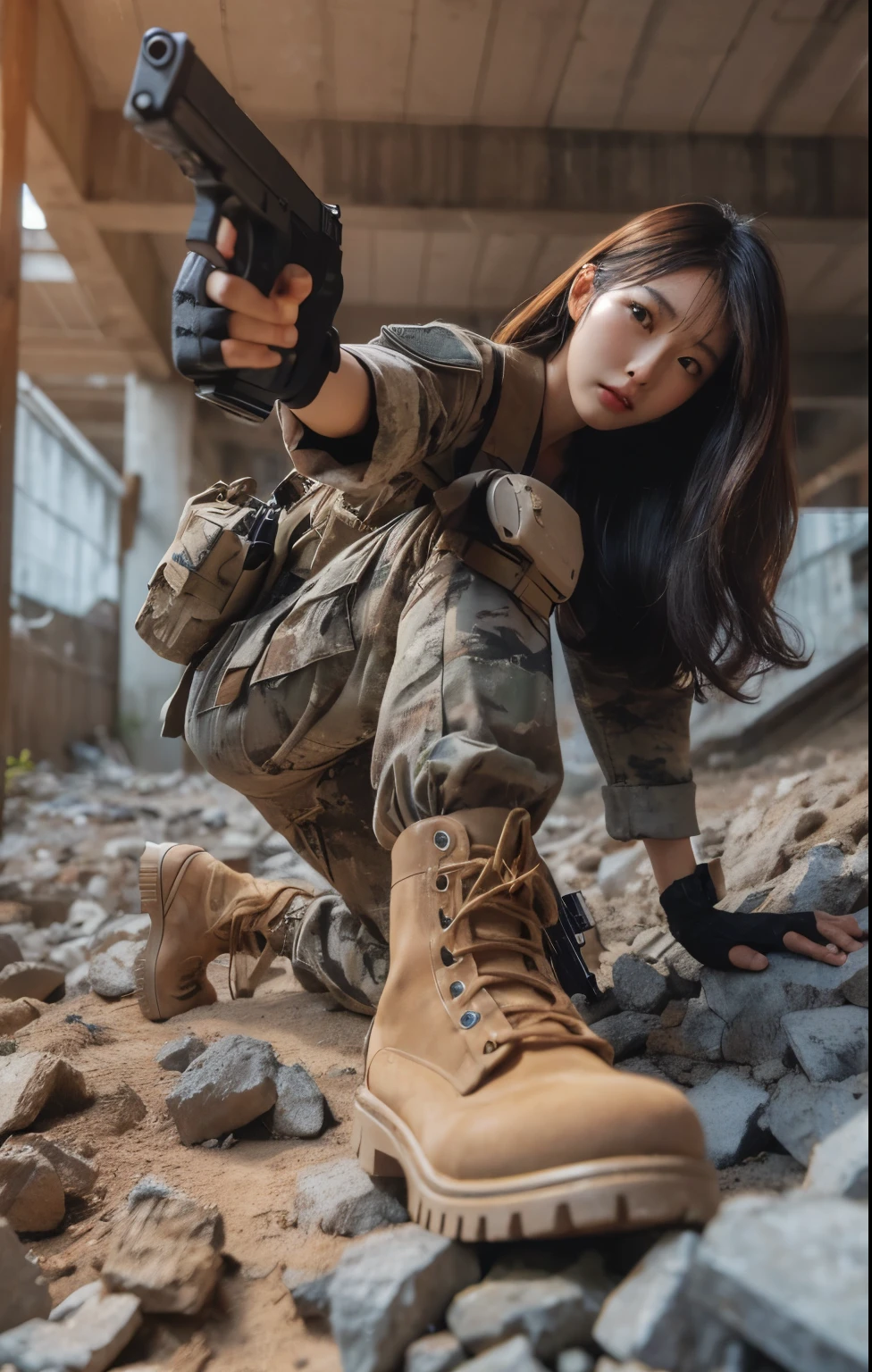 photorealistic、Realistic skin textures、A beautiful Japanese woman belonging to the American military is standing、aiming with a gun、standing position、standing on rubble、Action poses with movement、Image from below、Dirty boots