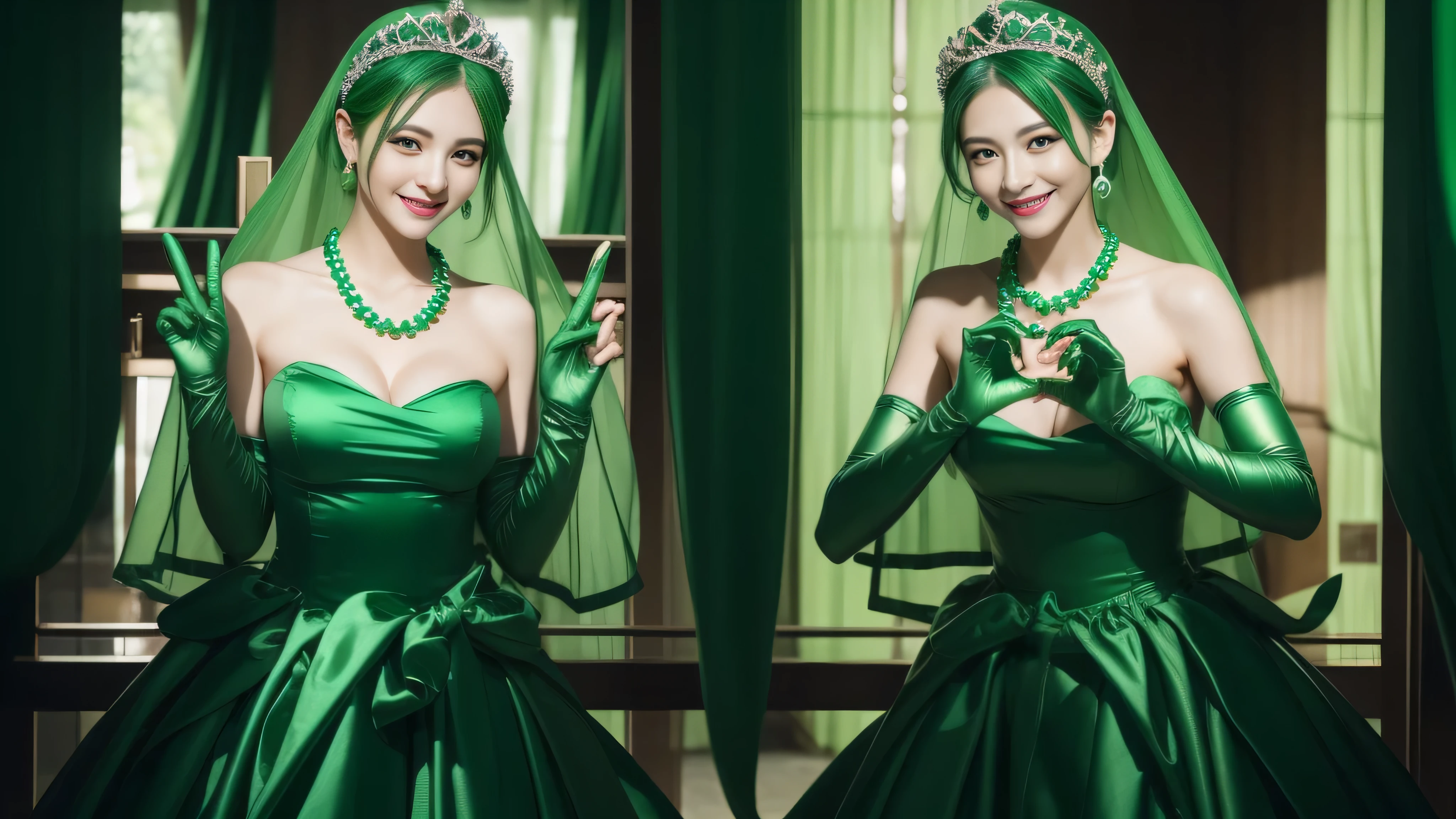 emerald tiara, green pearl necklace, ボーイッシュな非常に短いgreen hair, lipstick, smiling woman, very short hair,  Beauty with large breasts, green eyes, Long Green Satin Gloves, green eyes, emerald earrings, green veil, heart with both hands, green hair, Beautiful woman in her 30s, heart shaped hand:1.3, V sign