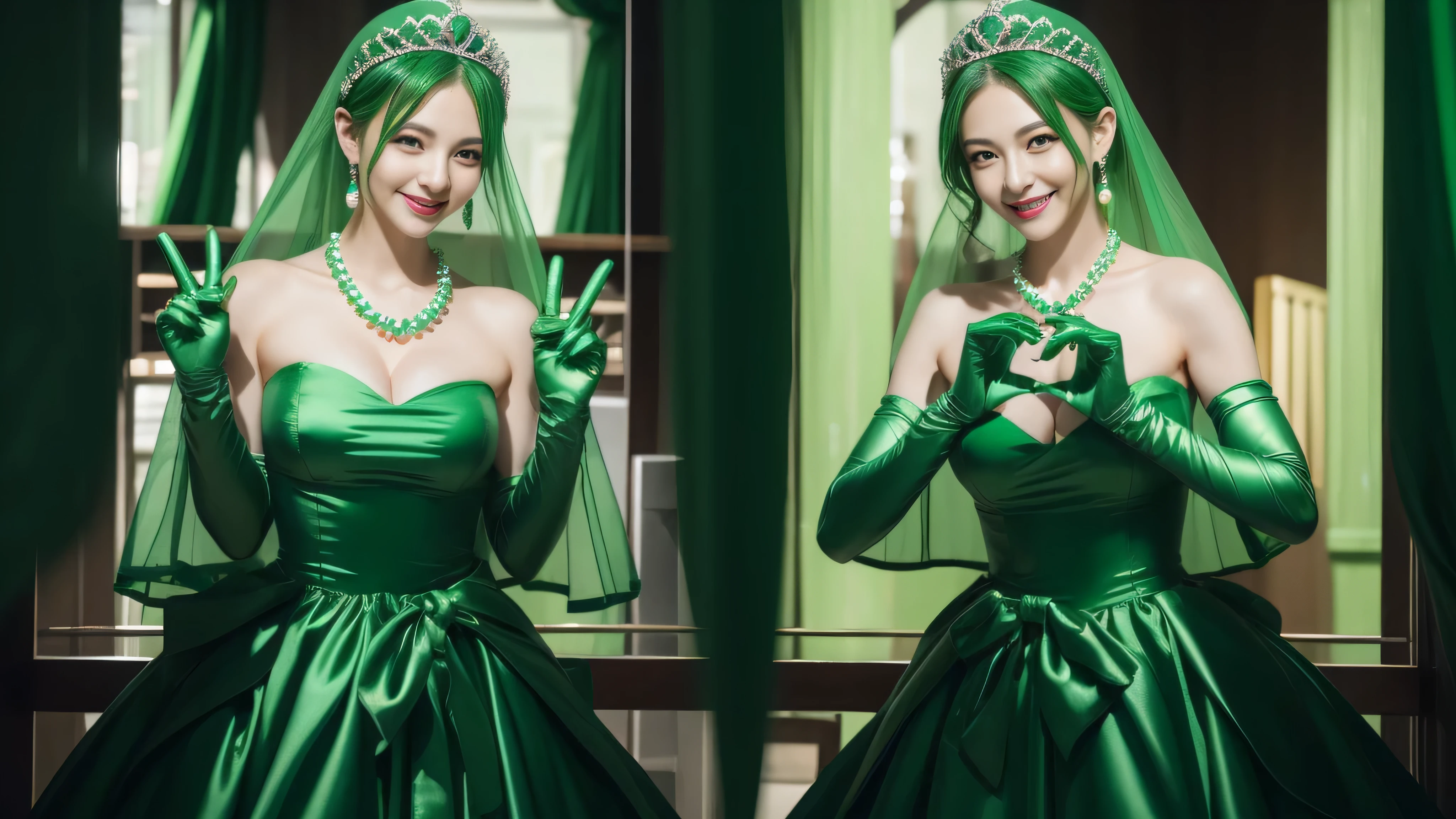 emerald tiara, green pearl necklace, ボーイッシュな非常に短いgreen hair, lipstick, smiling woman, very short hair,  Beauty with large breasts, green eyes, Long Green Satin Gloves, green eyes, emerald earrings, green veil, heart with both hands, green hair, Beautiful woman in her 30s, heart shaped hand:1.3, V sign