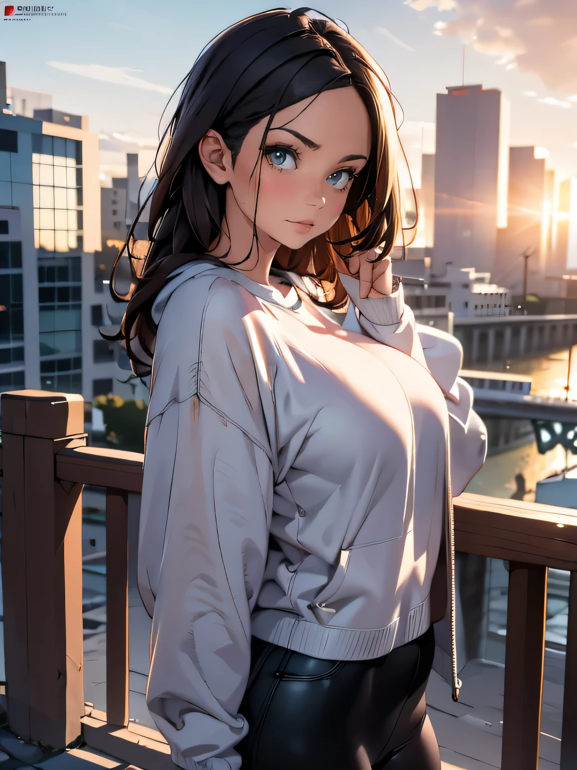 (((HD photo))), ultra high res.photorealistic:. 1.4, UHD, masterpiece, trending on artstation, upper body shot, cute girl, most beautiful in the world soft, delicate, long dark hair, wearing sweatshirt, sunkissed, seattle background