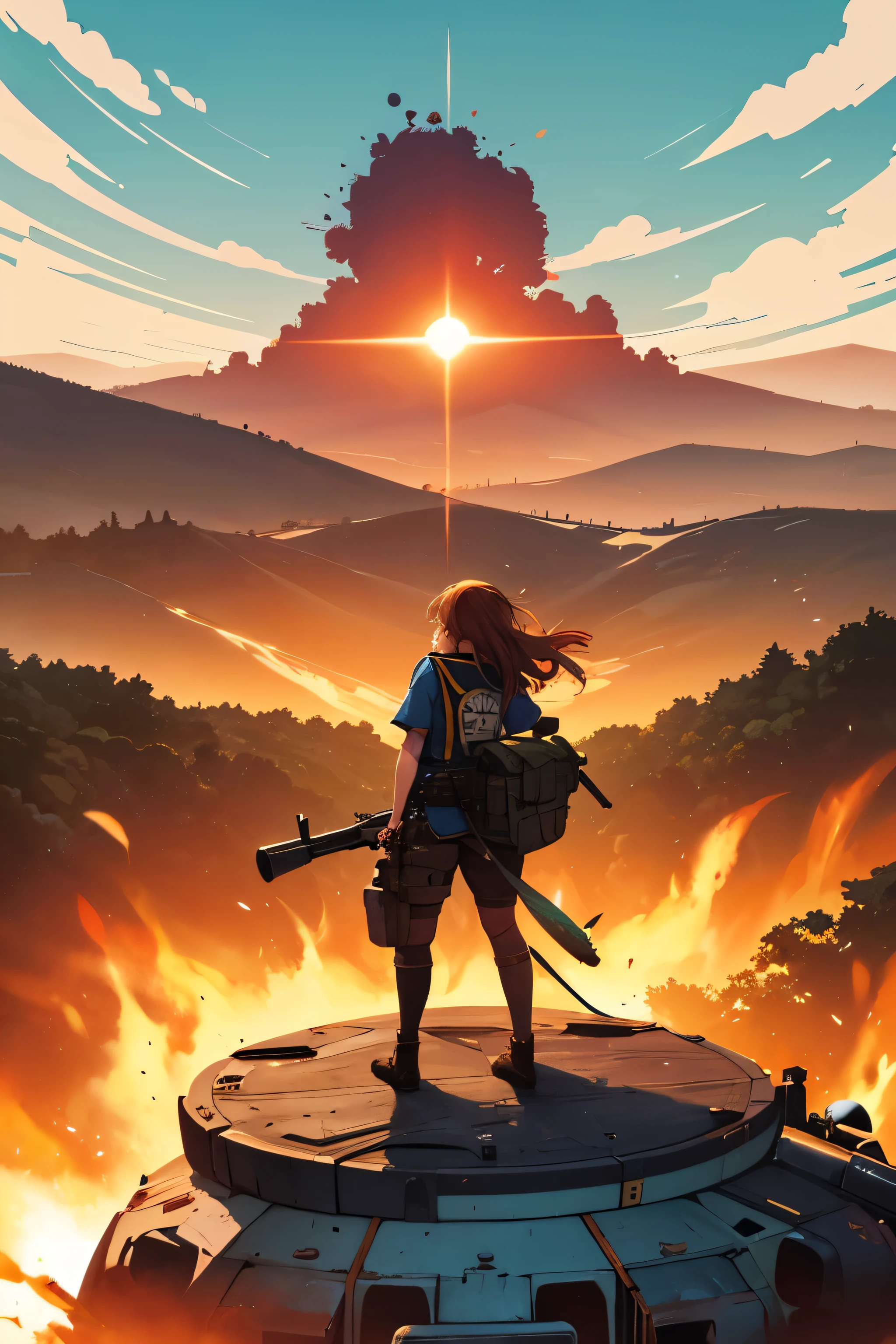 crie uma estampa de camiseta com uma imagem de uma couve flor estilo monstro de desenho animado, destruindo uma cidade, imagem em estilo de desenho DC, imagem limpa. cores vibrantes. details of explosions, e pessoas correndo, tanques de guerra disparando.