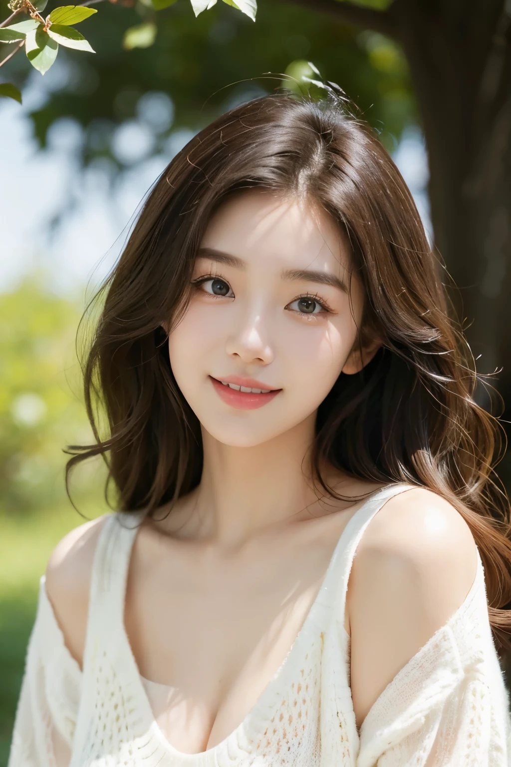A pure and sweet Korean girl, her skin is flawless and white, her eyes are captivating and deep, her face is exquisitely beautiful. Her lips curve into a charming smile, revealing a delightful grin. Her brown hair is naturally curly and soft, cascading over her shoulders. She wears a white sweater with a cut-out design, revealing a hint of her chest, adding to her allure. The bright sunshine illuminates her, bathing her in a golden glow. The background is柔和自然, blending her into nature. This is a vibrant and warm portrait.