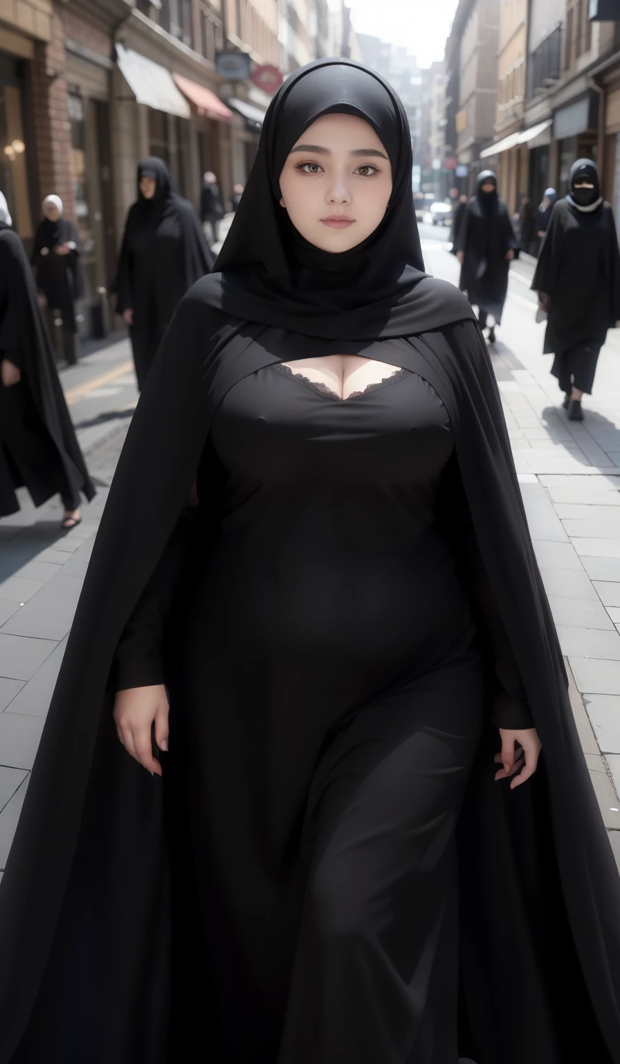 woman in black dress and hijab walking down the street, wearing black clothes and cape, hijab outfit, with a long black cape, hijab fashion model, plus size, plus size woman, wearing black robe, woman in black robes, beautiful burqa's woman, thicc, black outfit,, wearing a black robe, black, with cape, bbwchan, large cleavage, very large cleavage, massive cleavage ,