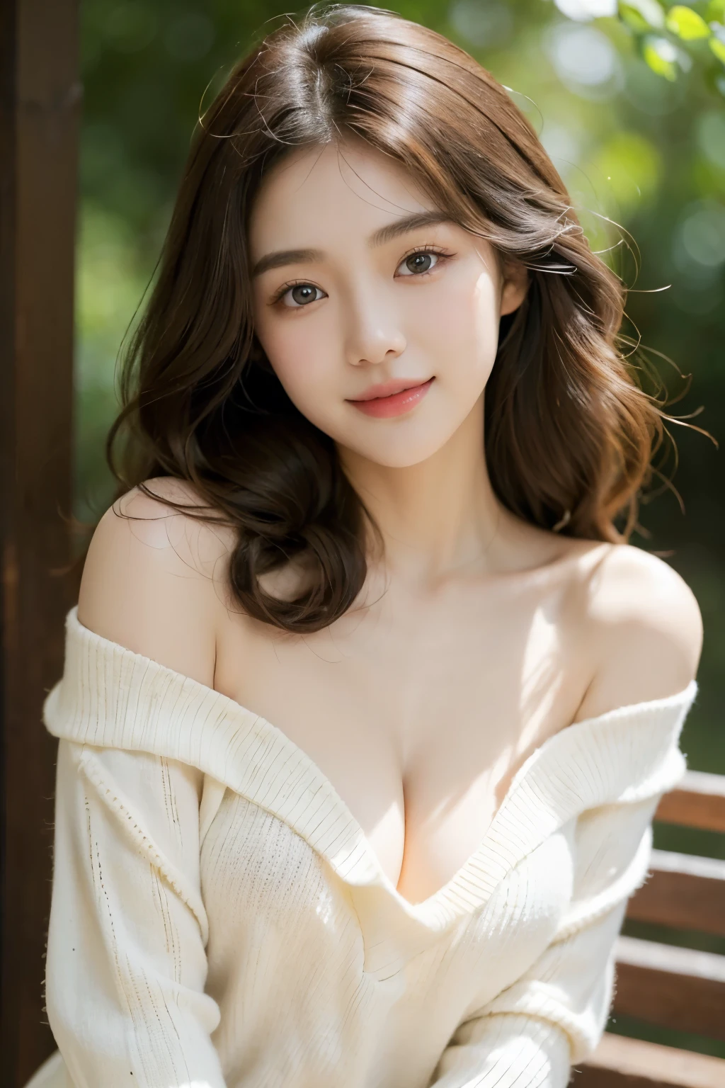 A pure and sweet Korean girl, her skin is flawless and white, her eyes are captivating and deep, her face is exquisitely beautiful. Her lips curve into a charming smile, revealing a delightful grin. Her brown hair is naturally curly and soft, cascading over her shoulders. She wears a white sweater with a cut-out design, revealing a hint of her chest, adding to her allure. The bright sunshine illuminates her, bathing her in a golden glow. The background is柔和自然, blending her into nature. This is a vibrant and warm portrait.