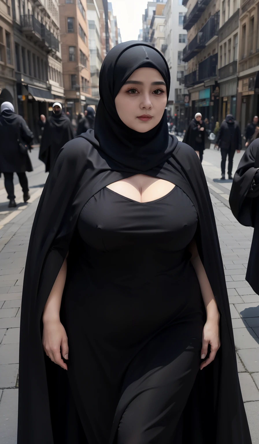 woman in black dress and hijab walking down the street, wearing black clothes and cape, hijab outfit, with a long black cape, hijab fashion model, plus size, plus size woman, wearing black robe, woman in black robes, beautiful burqa's woman, thicc, black outfit,, wearing a black robe, black, with cape, bbwchan, large cleavage, very large cleavage, massive cleavage ,