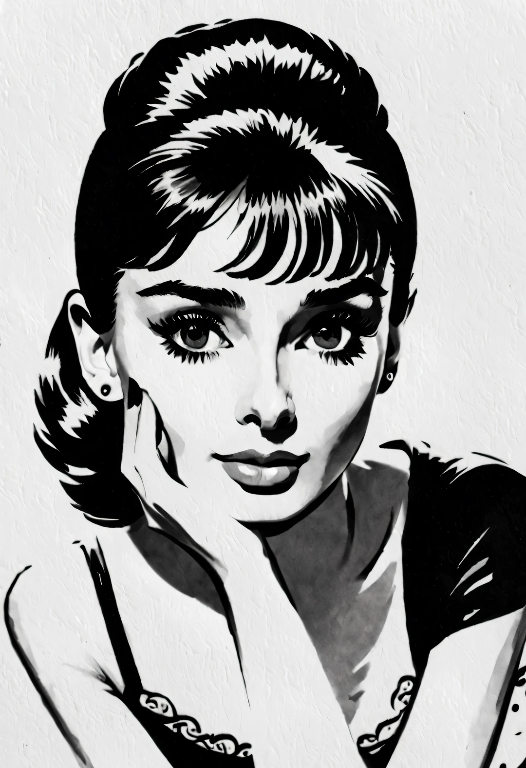 pen and ink art style, ink painting艺术风格, Beautiful detailed, ink painting, line art, black and white, White background, have no color, HD, Crazy details, Super please, elegant, Gorgeous, Surrealism, super detailed,
(Audrey Hepburn elegantly looks at the camera), with a White background, dramatic contrast, and clear, shiny hair, Emphasis on clear and exceptionally beautiful bright eyes, smooth skin, portrait, beautiful details, Super intricate and refined details, Outline with black ink, smooth lines, And the contrast of ink shades to express the characters&#39; expressions and postures. Simple background, Emphasis on light, shadow, and a sense of space, Lumin gram photography style,