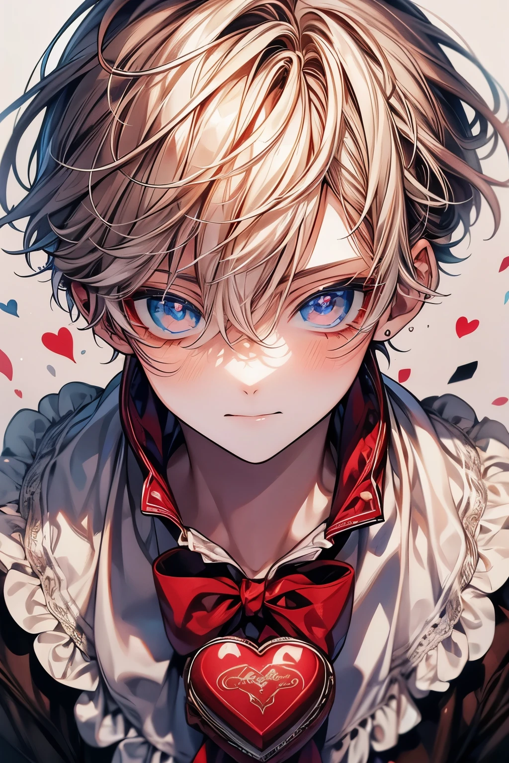(muste piece), (best quality), very detailed, two boys, perfect face, beautiful face, very detailed顔，(brown haired boy_red eyes:1.3)，(White-haired boy_blue eyes:1.3)，milk chocolate，White chocolate，Valentine，ribbon，race，frills，heart，Light，smile，long eyelashes，頬にheartマーク，Melted chocolate，Covered in chocolate