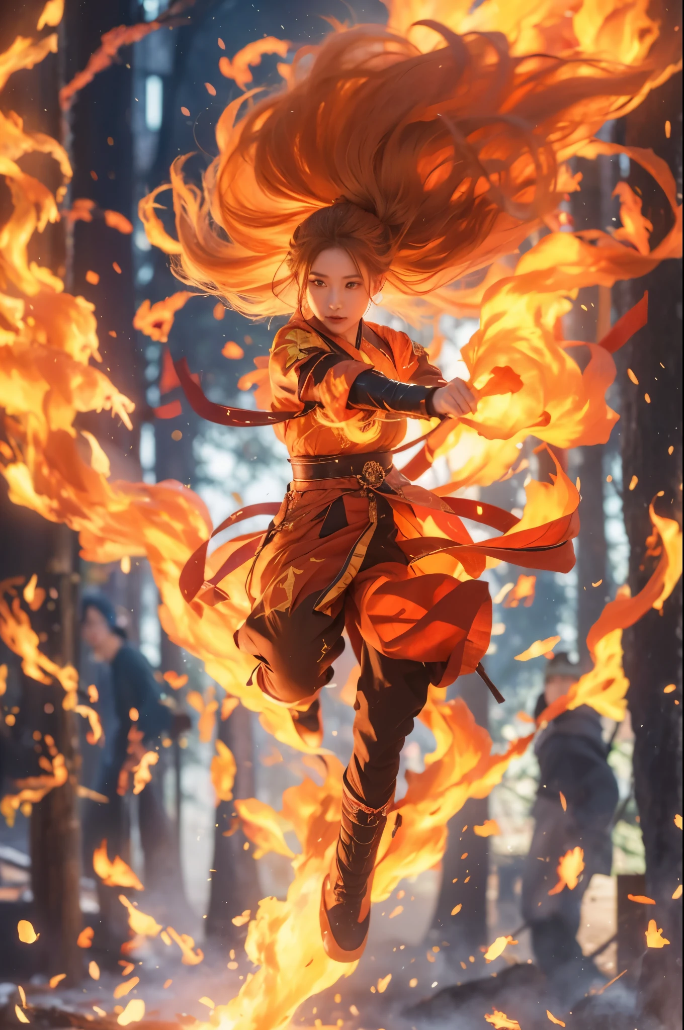 1girl，dynamic poses，fire焰女王，Hanfu，（Burning hair：1.5），（大量的fire焰：1.5），（手持fire焰长剑：1.5），（Slashing action：1.3），（蓝色的fire焰：1.5），（向上飘动的fire焰头发：1.5），fire，星fire，fire焰能量流动，双手掌心上漂浮的fire球，burning forest，fire焰魔法，The magic array under your feet，lifelike，Realistic，Ultra high detail，best quality，masterpiece，8k