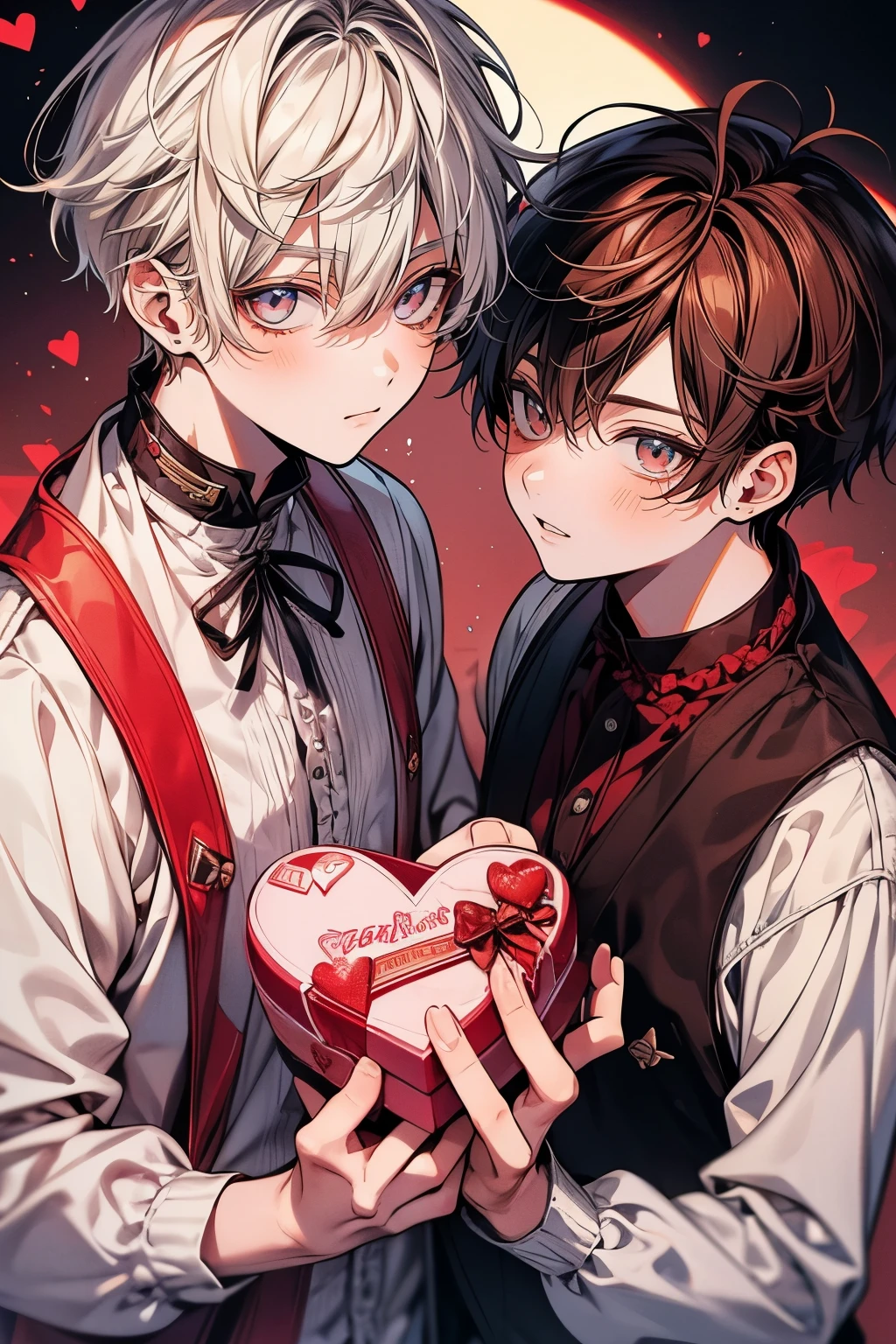 (muste piece), (best quality), very detailed, ((two boys)), perfect face, beautiful face, very detailed顔，(brown haired boy_red eyes:1.3)，(White-haired boy_blue eyes:1.3)，milk chocolate，White chocolate，Valentine，ribbon，race，frills，heart，Light，smile，long eyelashes，頬にheartマーク，Melted chocolate，Covered in chocolate