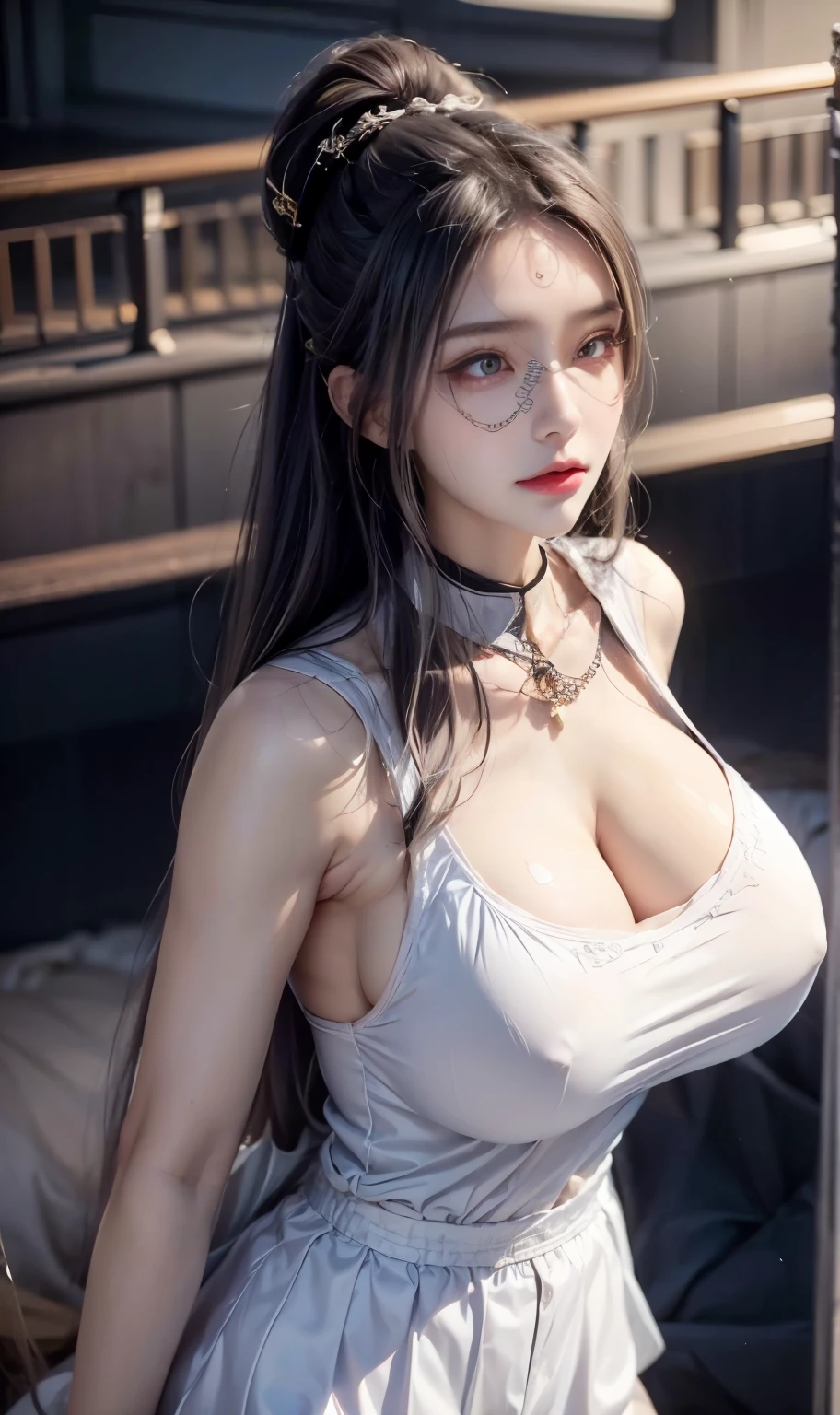 realistic, 1 women, best quality, 12k, HD, long hair, big round breasts, cleavage, ponytail, necklace, jewelry, shorts, short jacket, slim hips, hair tie, yellow eyes, black hair, super detailed, Eye details, hair details, person details, mouth details, face details, breast details, clothes details, hair details, pants details, hand details, whole body