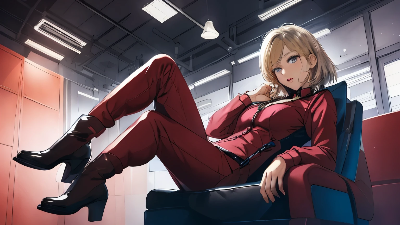 Red,Pink military uniform,（full-body shot），Sitting on the sofa，Lift your feet，Focus on thighs and feet、一个Smile、sit on the chair、legs crossed、knees up,（Brown long high heel riding boots） blonde short hair ,blue eyes,lipstick, long hair, 1 girl, 20 years,young women,beautiful Finger,beautiful long legs,beautiful body,beautiful Nose,beautiful character design, perfect eyes, perfect face,expressive eyes, looking at the audience, in the center of the image,(Light_Smile:0.5), official art,Extremely detailed CG unified 8k wallpaper, perfect Lighting,rich and colorful,灯Light,有Light泽的皮肤, (masterpiece:1.0),(the best_quality:1.0), 超high resolution,4K,super detailed, photography, 8k, human development report, high resolution, ridiculous:1.2,, film grain, blurRed background, Bokeh:1.2, 镜头Light晕, (Full of energy_color:1.2) (beautiful,Big deal_boobgasm:1.0),(narrow_waist)Full body sitting, wear, elite, velvet, deep Purple, small tie. he himself, boss, momentum, Full HD, ......International Organization for Standardization, Law office with modern design furniture, Includes black and gray leather upholsteRed armchair, Chrome base tempeRed的 glass coffee table, Solid wood conference table with black leather chairs, There is lomo a built-in bookcase，Inside there are law books bound in brown leather. ?" 其 11 叶片圆形Light圈和 XA 镜头元件一起提供了漂亮的Bokeh效果. lomo, 镜头配备Light圈环，You can switch between no-click and no-click actions, a dust and moisture resistant design, and four XD linear autofocus motors，Provides fast and accurate autofocus and tracking. 这款镜头为索尼photography师提供了出色的人像拍摄工具, night view, 和一般photography."