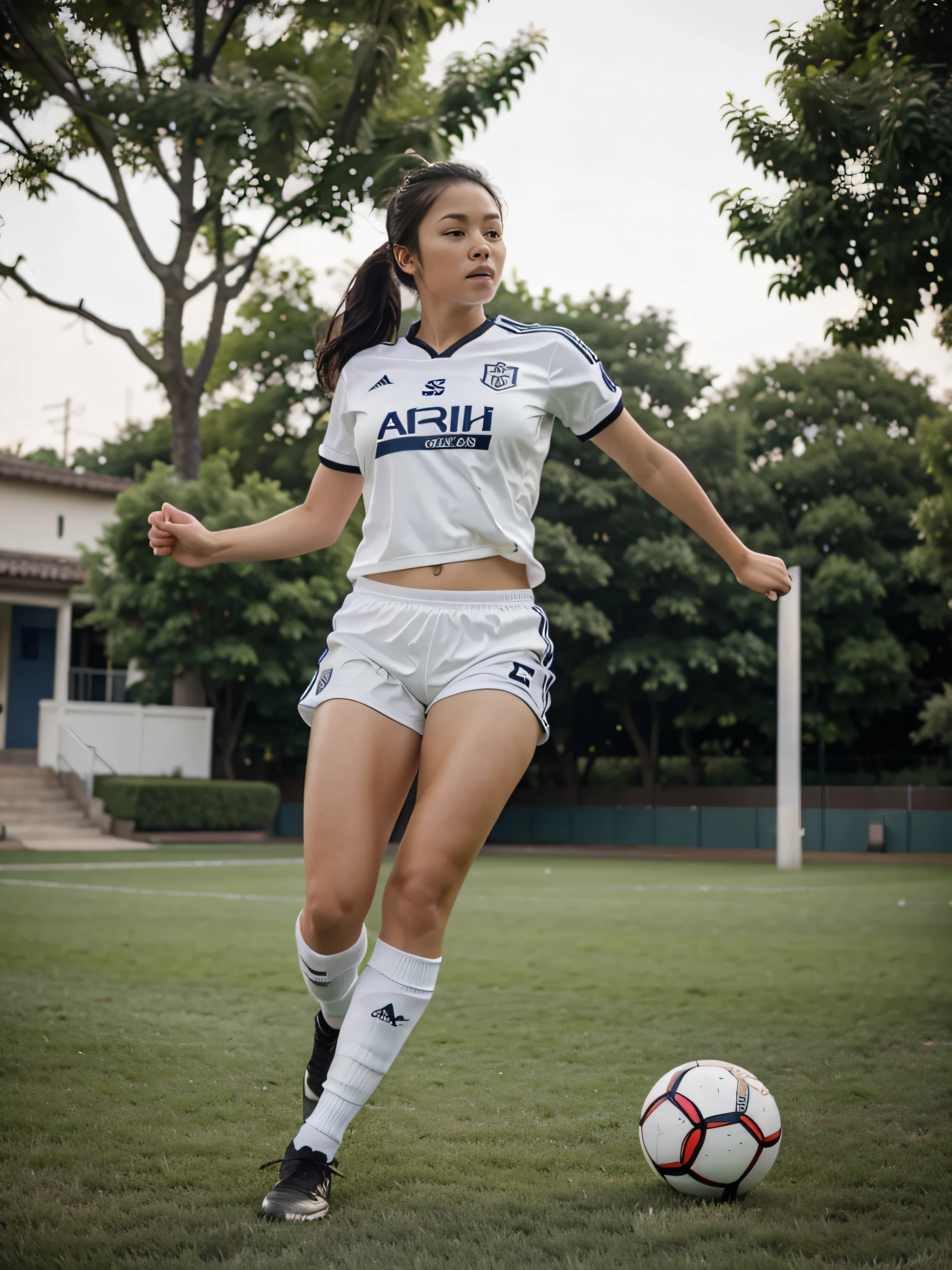 full body of an soccer player with white soccer uniform kicking a soccer ball, full, realistick, like mockup, soccer white uniform, MUSCULAR BODY, BIG BREASTS, ASIAN, STRAIGHT BLACK HAIR, JAPANESE, WHINTE FEMALE SOCCER UNIFORM, RUNNING