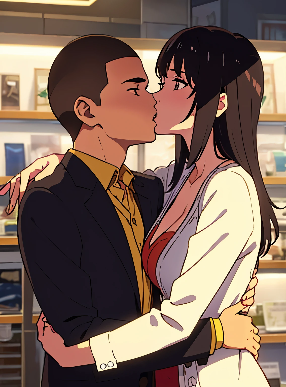 shinkai makoto, kimi no na wa.,1boy, buzzcut, office suit, hug, passionate hug, kiss, deep kiss, face to face, 1girl, bangs, black hair, brown eyes, open mouth, waterfall braid, red ribbon, long hair, long sleeve pink cardigan, open shirt, yellow shirt, cleavage, breast, medium breast, name tag written "LUMINE Miyamizu", looking at the viewer, indoors, jewelry products, jewelry shop, jewelry saleswoman, indoors, mall, masterpiece, perfect anatomy, cowboyshot, upper body 