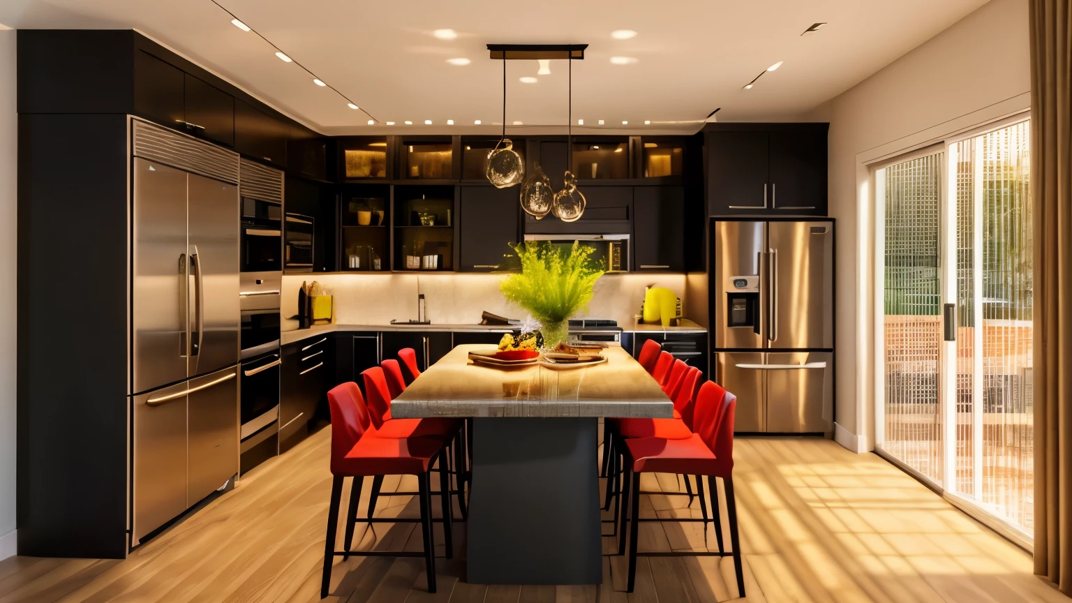 (modern style:1.2), The kitchen-dining room in this modern interior design combines practicality and aesthetics. The kitchen area has a sleek and minimalist design with white cabinetry, matte black hardware, and a large island with a waterfall countertop that also functions as a dining table. The flooring is made of mable, adding warmth and texture to the space. The wardrobe in the room is made of arcylic, giving it a unique and contemporary look while also adding transparency, making the space feel more open and airy. The lighting is modern and minimalist, with pendant lights above the dining area and under-cabinet lighting in the kitchen. The overall effect is clean, sophisticated, and inviting, making it an ideal space for entertaining or enjoying meals with loved ones, The focal point of the room is the warm LED light with a color temperature of 3600k, ceiling, mable floor, picture frame, day, 8k uhd, dslr, soft lighting, high quality, film grain, Fujifilm XT3, The ambient lighting highlights the textures and details, creating a stock photo-like atmosphere, cooking ambience (((Best Quality))), ((Masterpiece)), ((best illustration)), ((best shadows)), ((Super Detail)), (Intricate lines), (Photorealism),(hyper detail), ((archdaily)), ((award winning design)), (dynamic light), ((day)), (perfect light), (shimering light), (hidden light), ((photorealistic)), ((FKAA, TXAA, RTX, SSAO)), ((Post Processing)), ((Post-Production)), ((CGI, VFX, SFX)), ((Full color)) ,((Unreal Engine 5)), ((intricate detail)), ((extreme detail)), ((science)), ((hyper-detail)), ((super detail)), ((super realistic)), ((crazy detail)), ((octane render)), ((Cinematic)), ((trending on artstation)), ((High-fidelity)), ((Viwvid)), ((Crisp)), ((Bright)), ((Stunning)), ((Eye-catching)), ((High-quality)),((Sharp))((Bright)), ((Stunning)), Natural, ((Eye-catching)), ((Illuminating)), ((Flawless)), ((High-quality)),((Sharp edge render)),