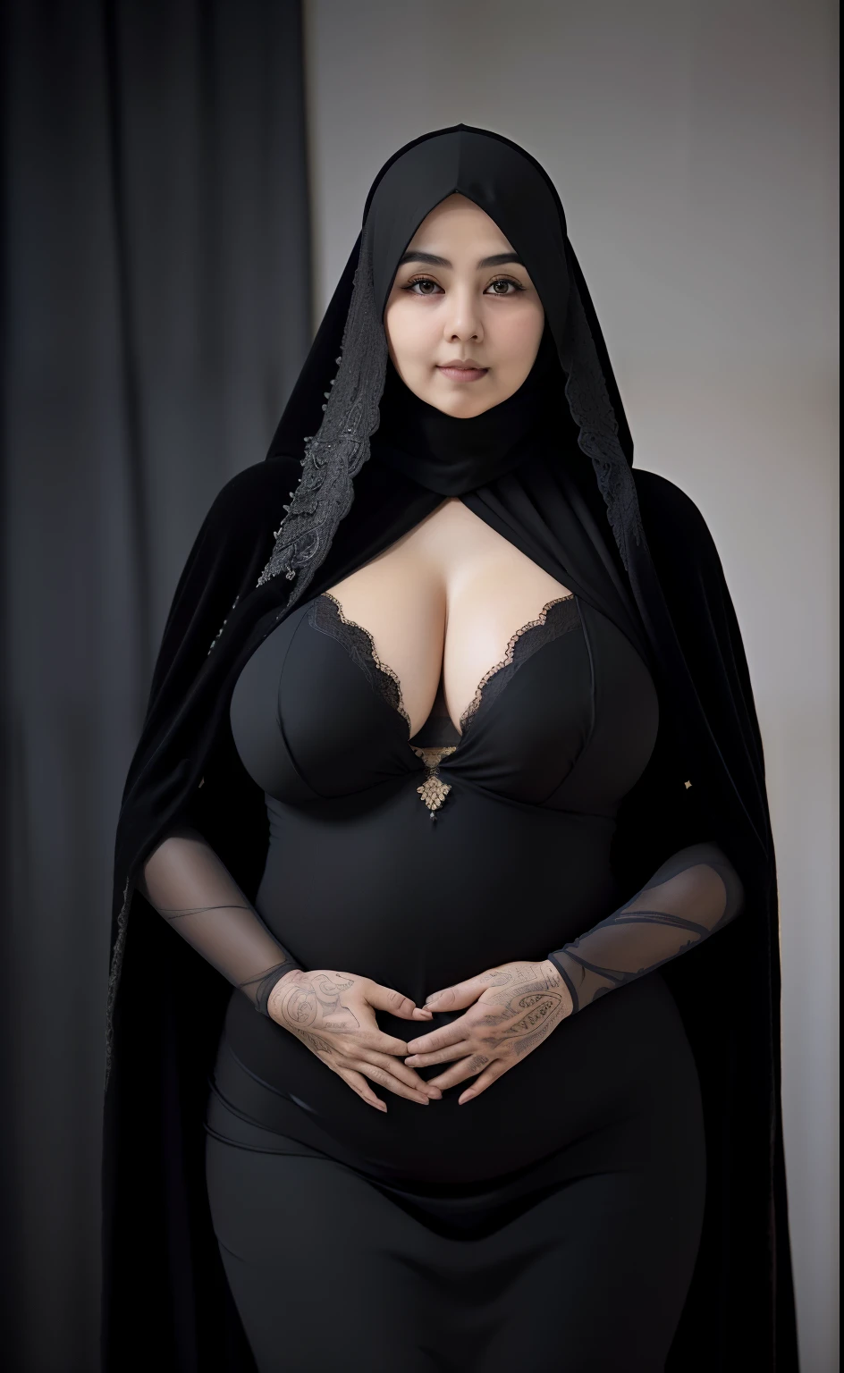 woman in black dress and hijab in black room, wearing black clothes and cape, hijab outfit, with a long black cape, hijab fashion model, plus size, plus size woman, wearing black robe, woman in black robes, beautiful burqa's woman, thicc, black outfit,, wearing a black robe, black, with cape, bbwchan, large cleavage, very large cleavage, massive cleavage , there is a old woman posing in a dark room with a maroon burka clothes , 60 years old, thick body, thick woman , wide hips, thick legs, she has a jiggly fat round belly, thick thighs, curvy hourglass figure, thicc, curvy model, widest hips, hyperrealistic full figure, bbwchan, voluptuous body, thick, tattooed body, tattooed hands, hena on arm, hena in belly, Burka woman, muslim clothes, 60 years old woman. Burka woman, chubby cheeks, 