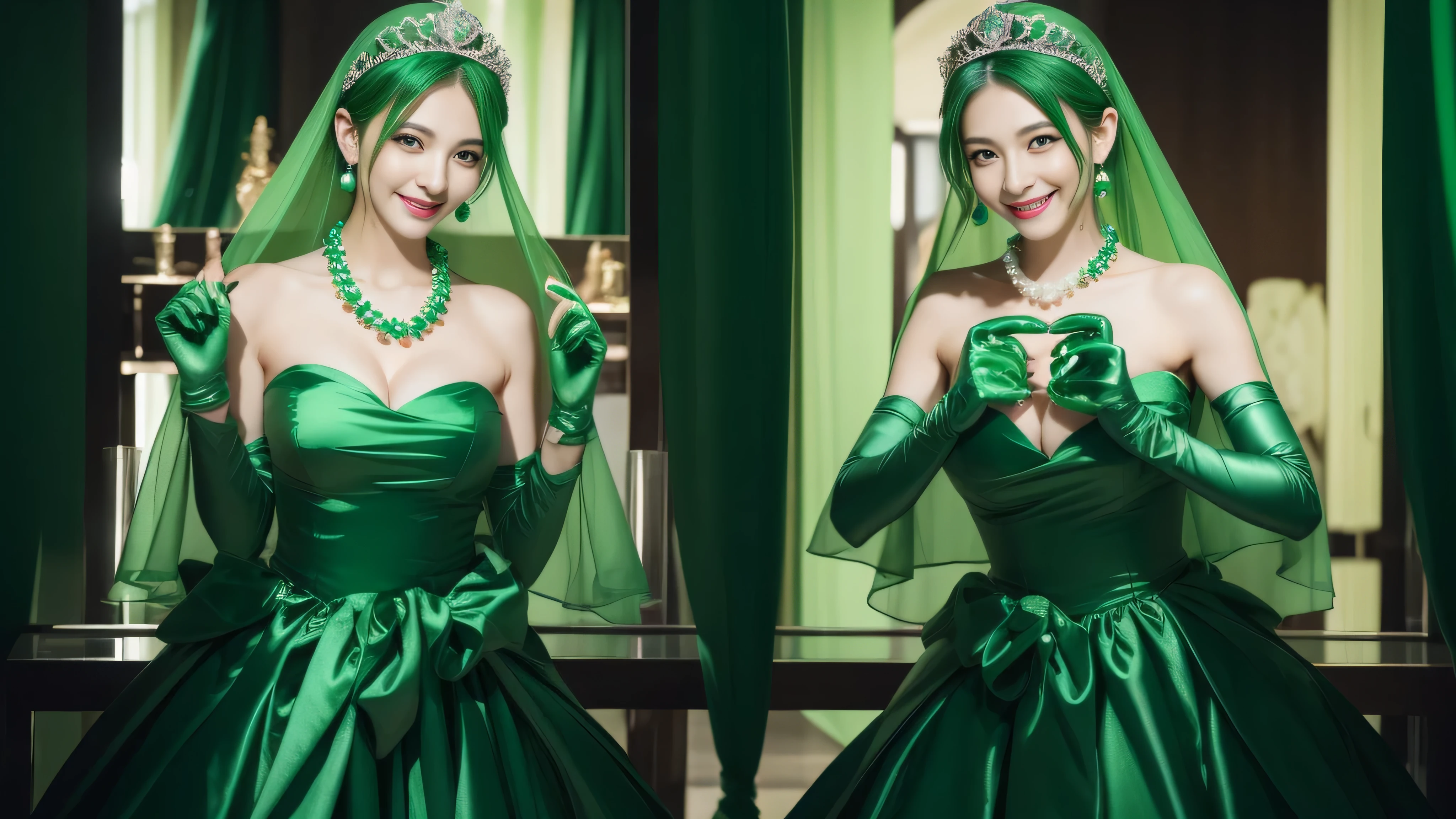 emerald tiara, green pearl necklace, ボーイッシュな非常に短いgreen hair, lipstick, smiling woman, very short hair, Beauty with large breasts, green eyes, Long Green Satin Gloves, green eyes, emerald earrings, green veil, heart with both hands, green hair, Beautiful woman in her 30s, heart shaped hand:1.3, V sign