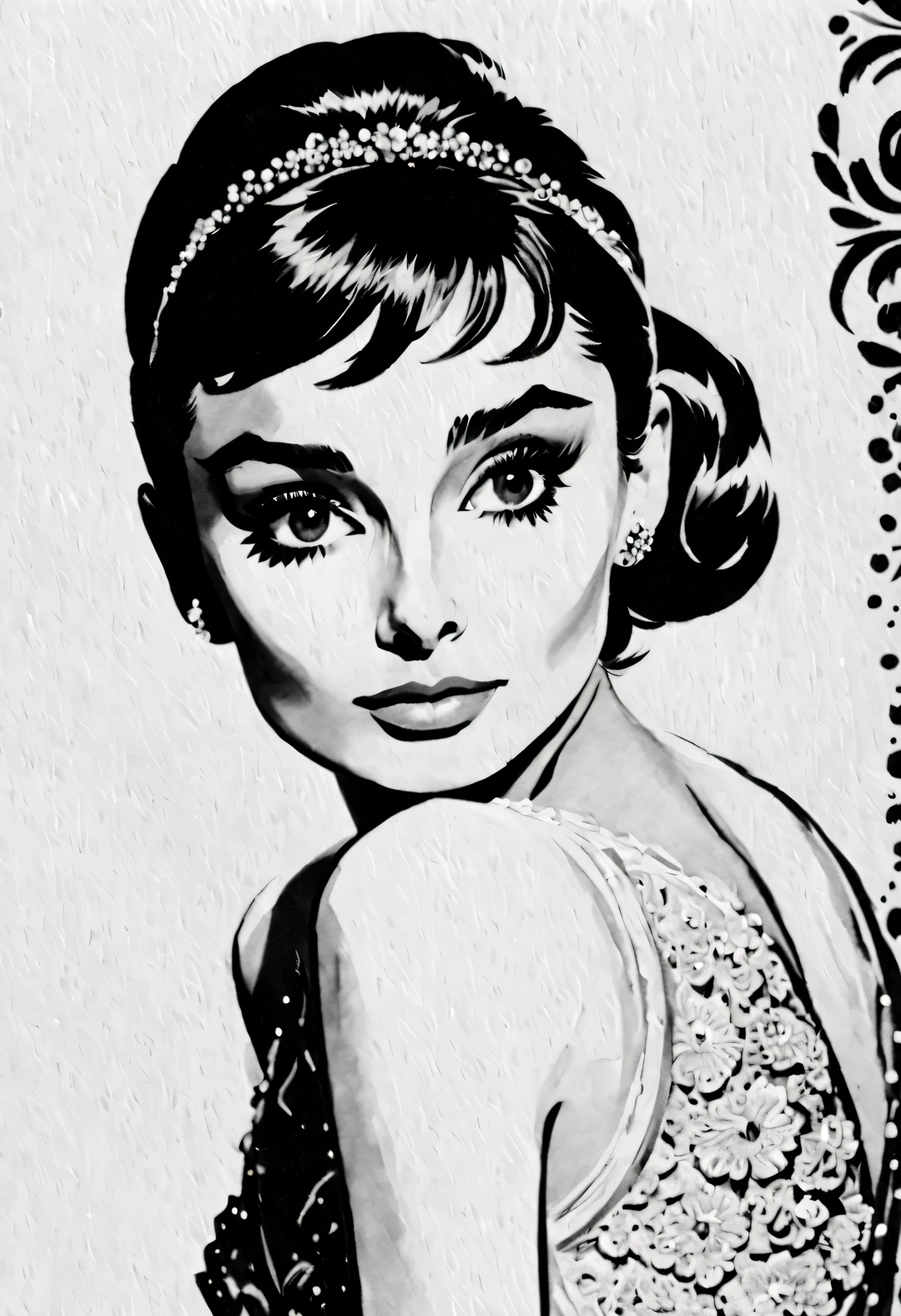 pen and ink art style, ink painting艺术风格, Beautiful detailed, ink painting, line art, black and white, White background, have no color, HD, Crazy details, Super please, elegant, Gorgeous, Surrealism, super detailed,
(Audrey Hepburn elegantly looks at the camera), a white lace evening gown with a White background and a Dramatic contrast, Hair texture clear and shiny, Emphasis on the depiction of exceptionally beautiful and bright eyes, smooth skin, portrait, beautiful details, Super intricate and refined details, Outline with black ink, smooth lines, Express the expressions and postures of characters through the contrast of ink shades. Simple background, Emphasis on light and space,