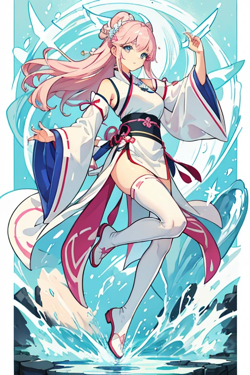 The martial arts girl has long light pink hair，Blue eyes as clear as water，She is wearing a white Hanfu，like a fairy，Wearing white stockings and white knee-high boots on her feet