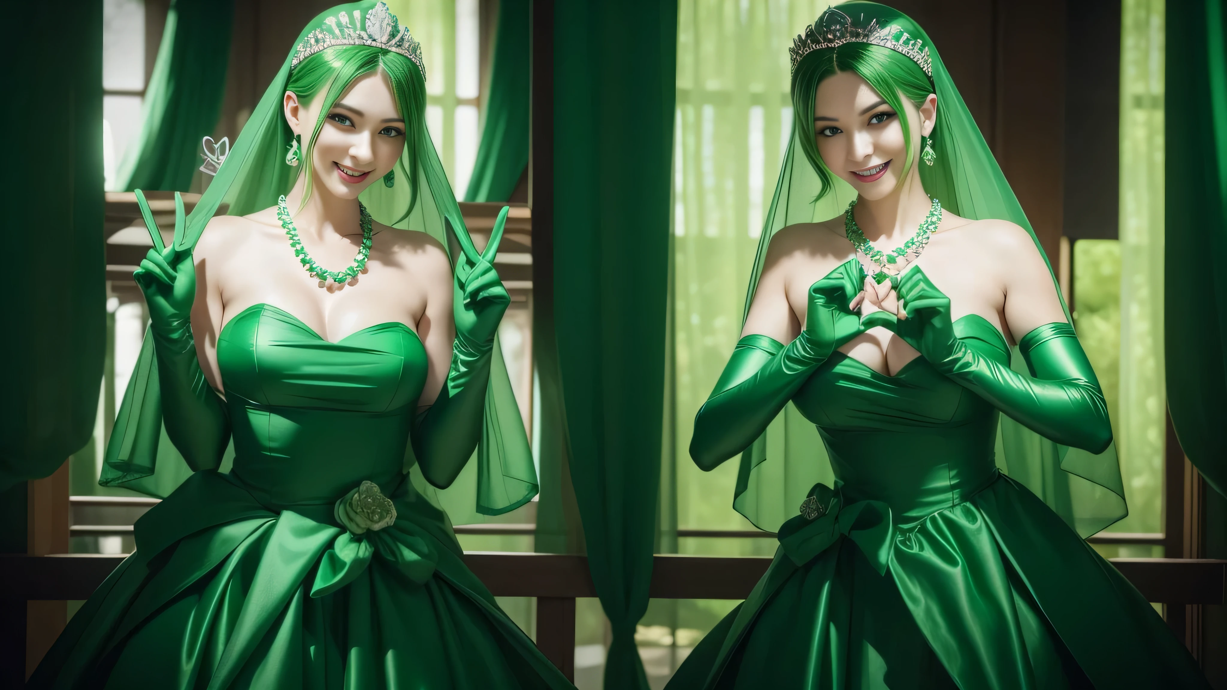 emerald tiara, green pearl necklace, ボーイッシュな非常に短いgreen hair, lipstick, smiling woman, very short hair,  Beauty with large breasts, green eyes, Long Green Satin Gloves, green eyes, emerald earrings, green veil, heart with both hands, green hair, Beautiful woman in her 30s, heart shaped hand:1.3, V sign