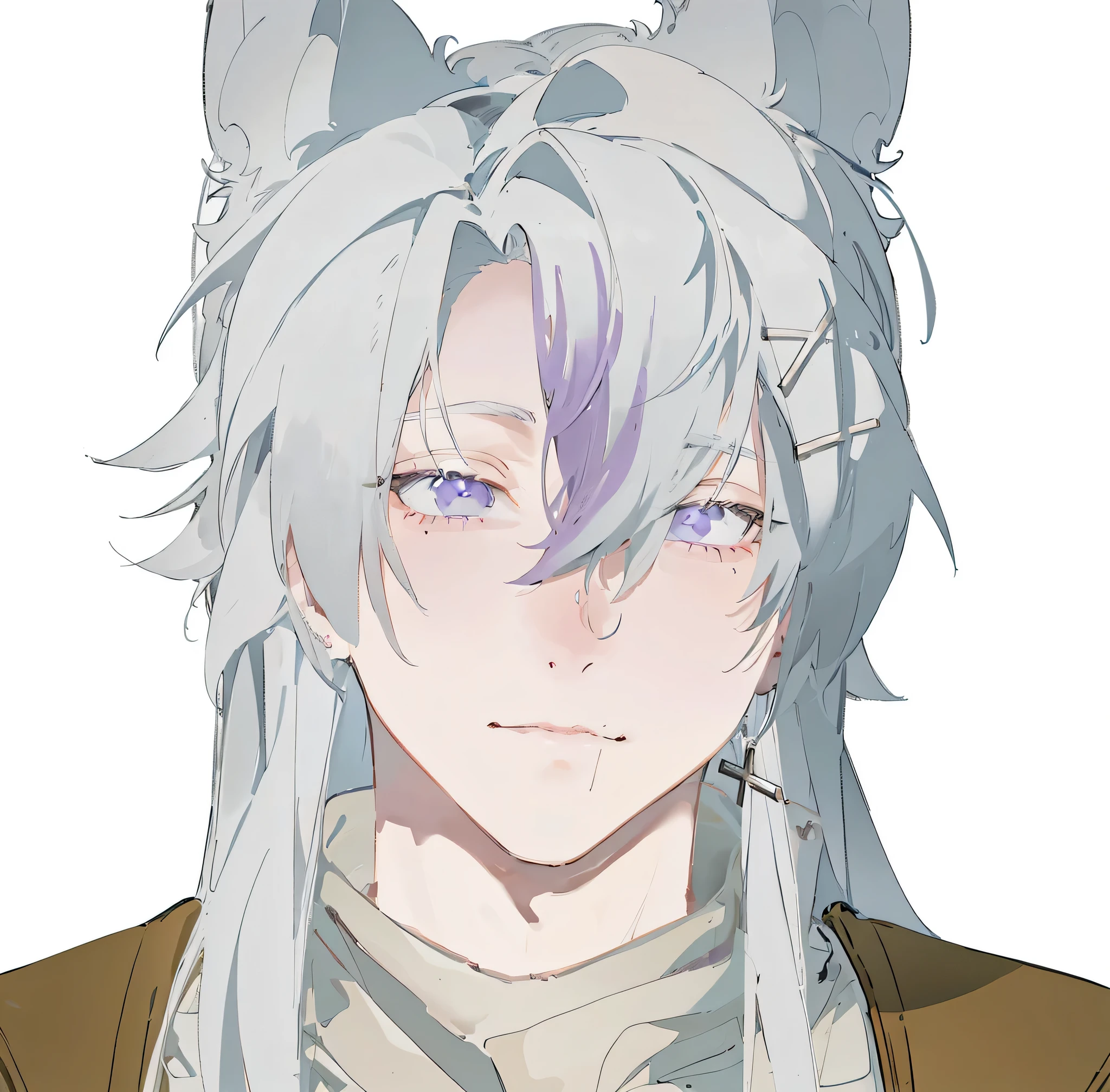 Dyed purple hair,long white hair,Strong males,purple eyes,black cross earrings,Off-white knitted sweater underwear,brown coat,Brown trench coat