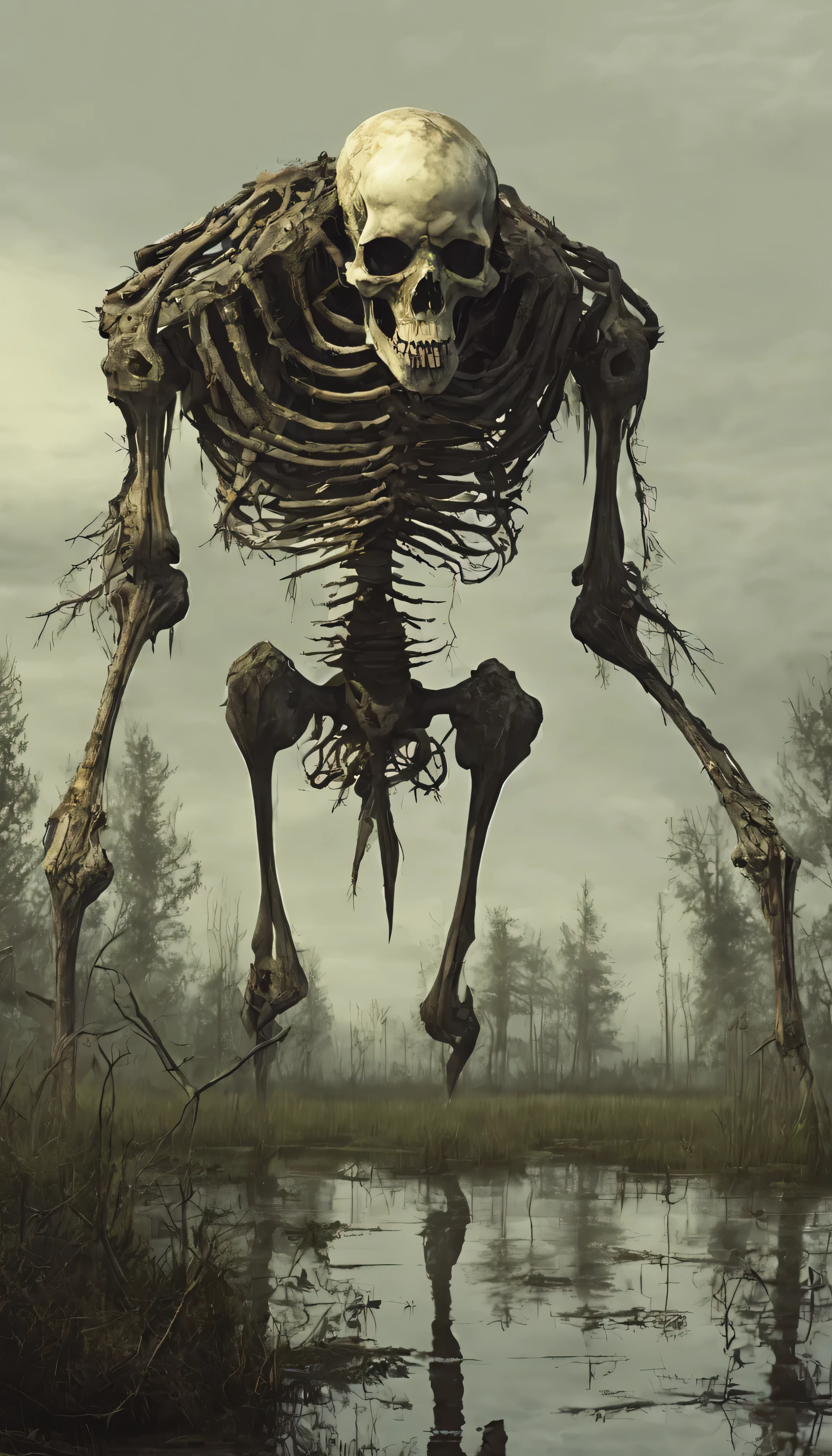 A monstrous giant skeleton with 8 arms and 4 legs in a scary swamp

