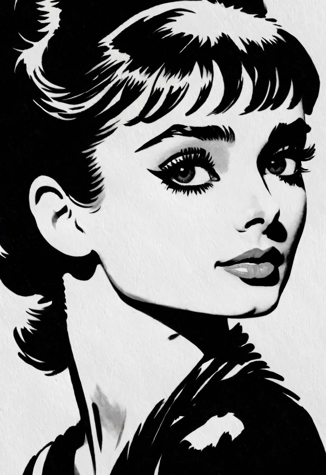 pen and ink art style, ink painting艺术风格, Beautiful detailed, ink painting, line art, black and white, White background, have no color, HD, Crazy details, Super please, elegant, Gorgeous, Surrealism, super detailed,
(Audrey Hepburn elegantly looks at the camera), with a White background, dramatic contrast, and clear, shiny hair, Emphasis on clear and exceptionally beautiful bright eyes, smooth skin, portrait, beautiful details, Super intricate and refined details, Outline with black ink, smooth lines, And the contrast of ink shades to express the characters&#39; expressions and postures. Simple background, Emphasis on light, shadow, and a sense of space, Lumin gram photography style,