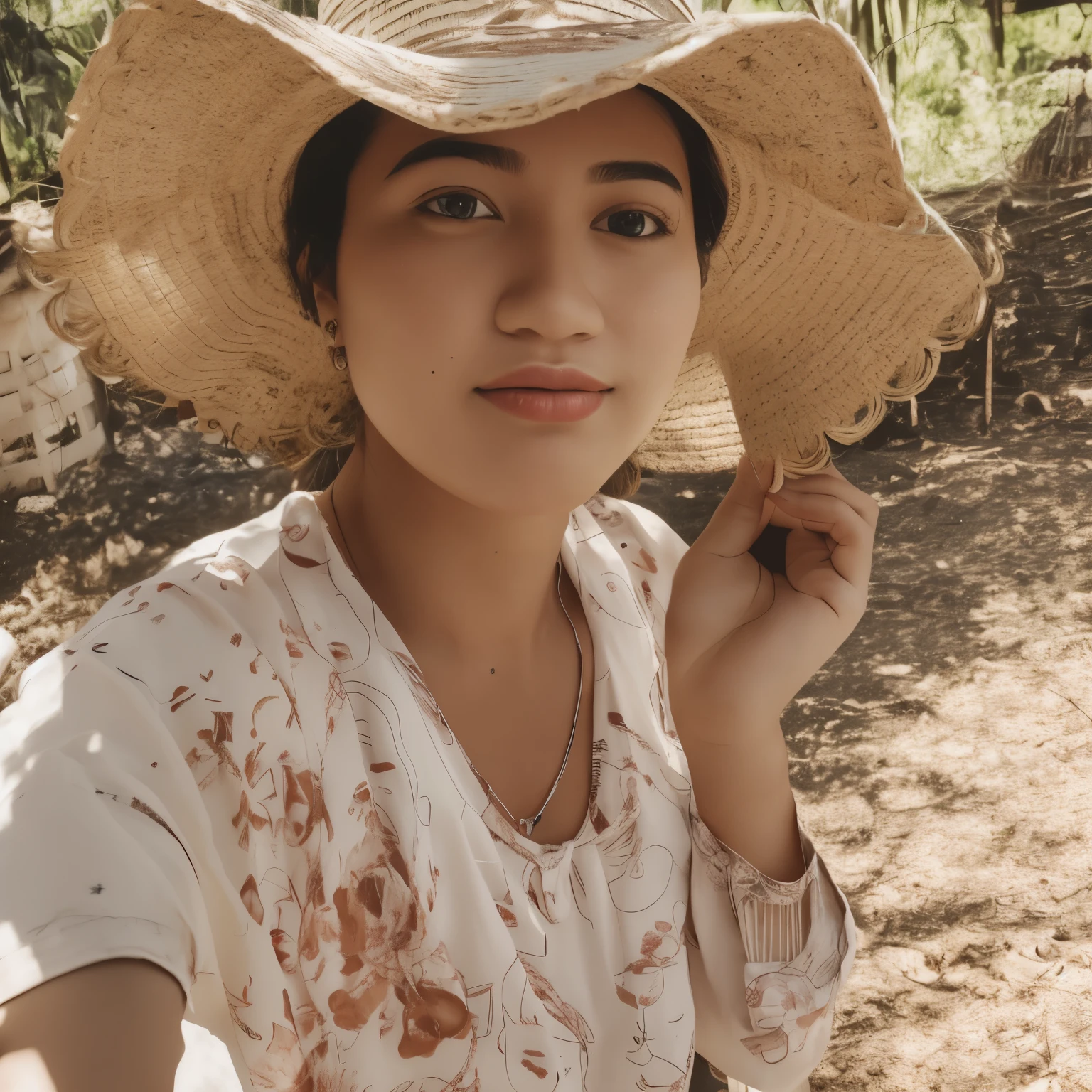 there is a woman sitting in a chair wearing a hat, nivanh chanthara, with straw hat, sunny day time, thawan duchanee, shot on nikon z9, beautiful image, wearing straw hat, lovely woman, in style of thawan duchanee, with hat, south east asian with round face, selfie of a young woman